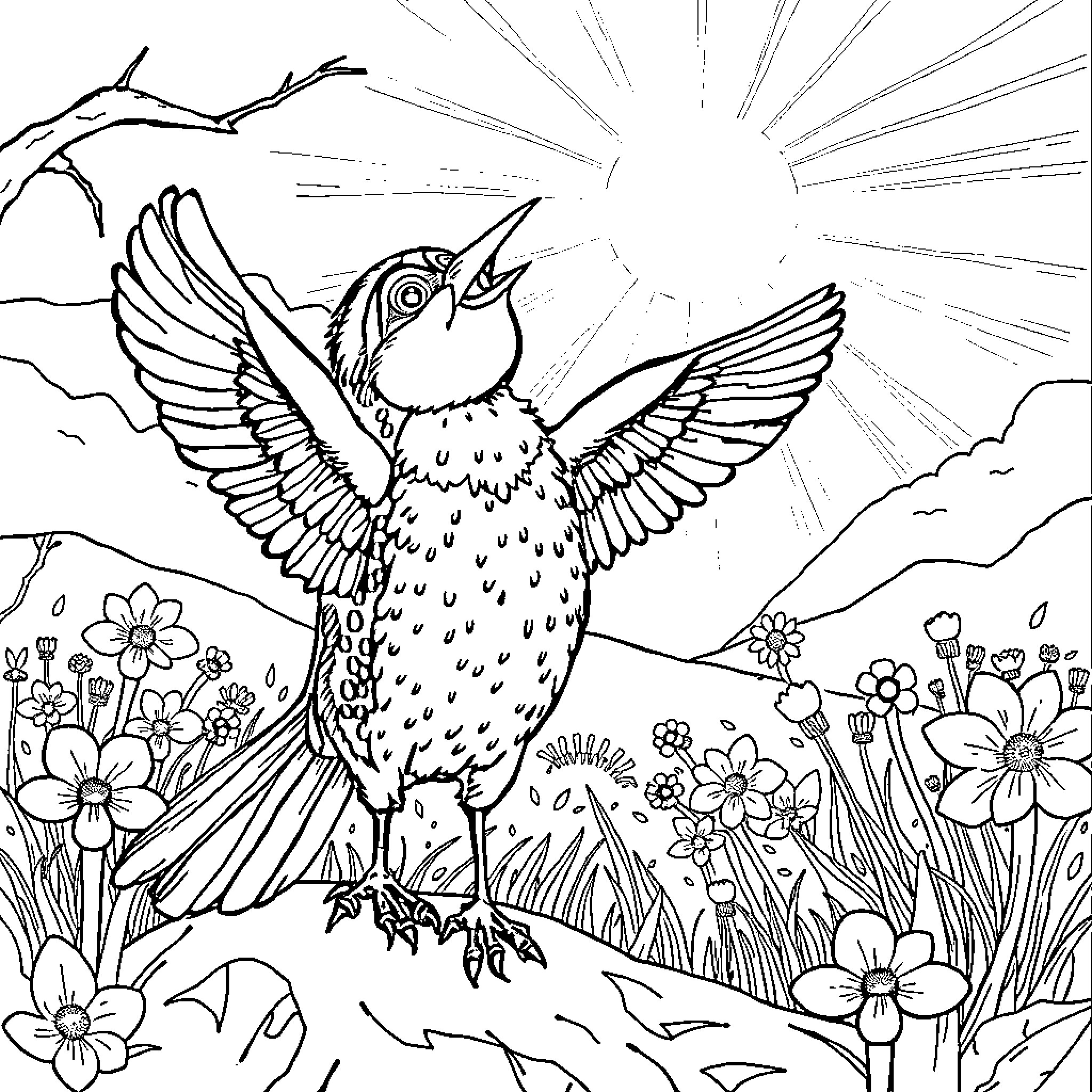 Morico's Enchanted Garden Adventure Coloring Page (free black-and-white line drawing printable PDF for all, from beginners to advanced learners, including children, teens, adults, and seniors)
