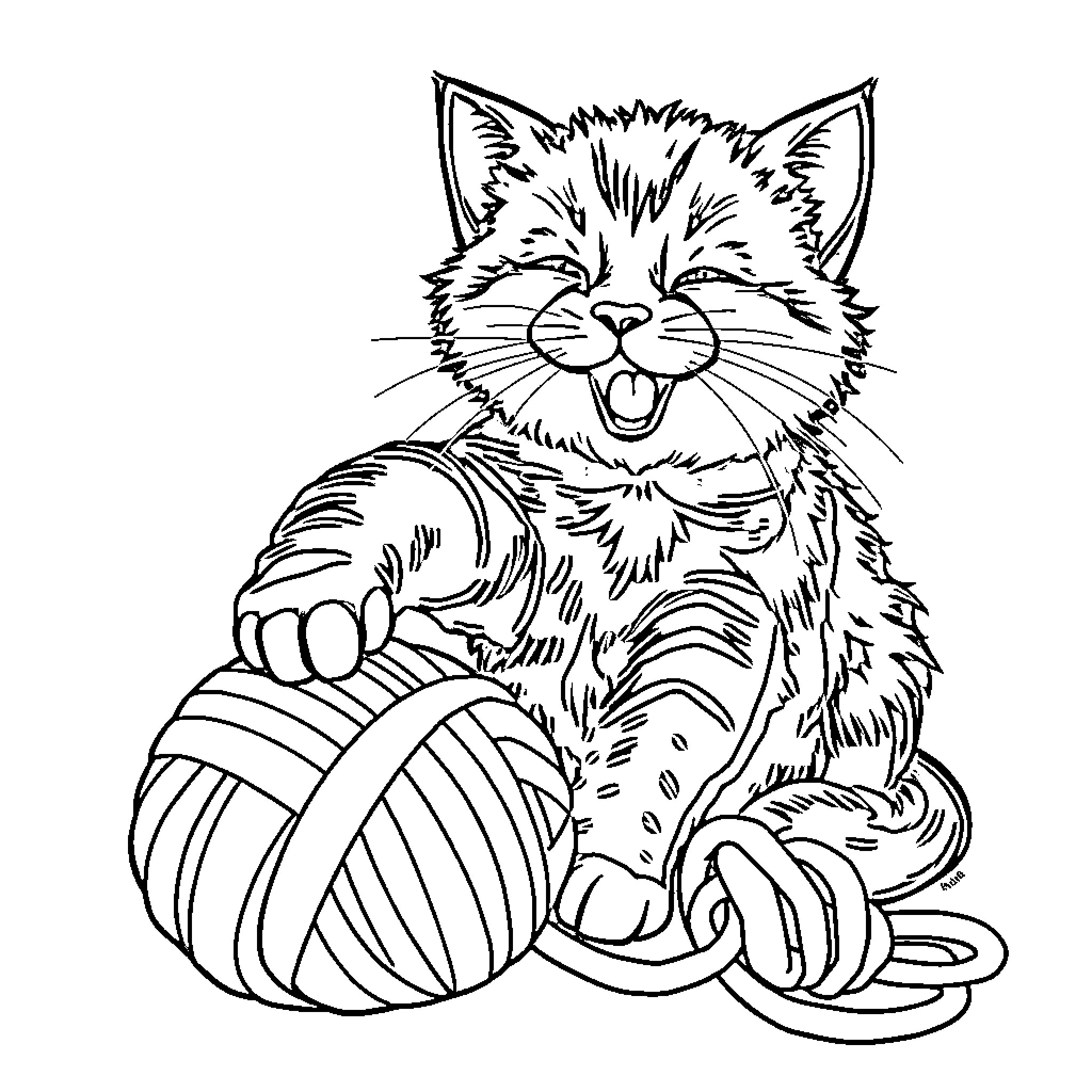 Cat playing with yarn ball Coloring Page (free black-and-white line drawing printable PDF for all, from beginners to advanced learners, including children, teens, adults, and seniors)