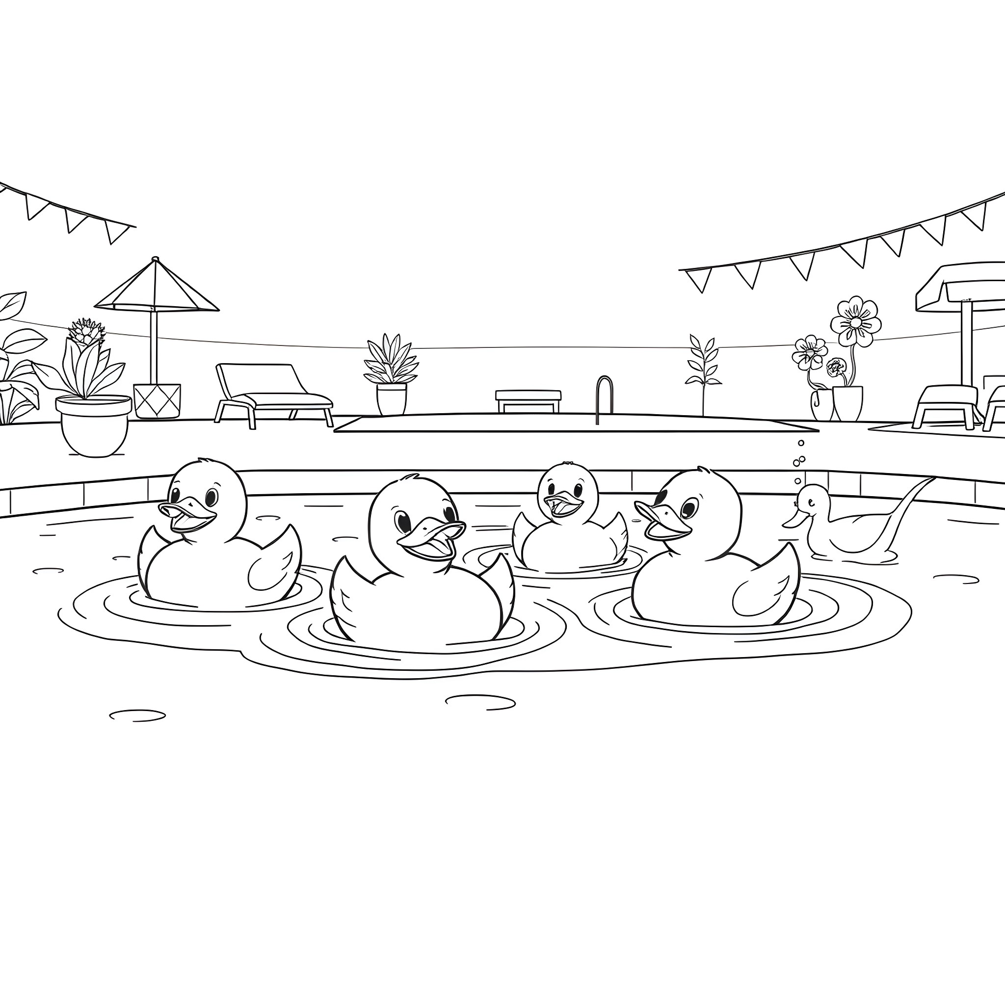 Rubber Ducks Swimming in a Poolside Oasis Coloring Page (free black-and-white line drawing printable PDF for all, from beginners to advanced learners, including children, teens, adults, and seniors)