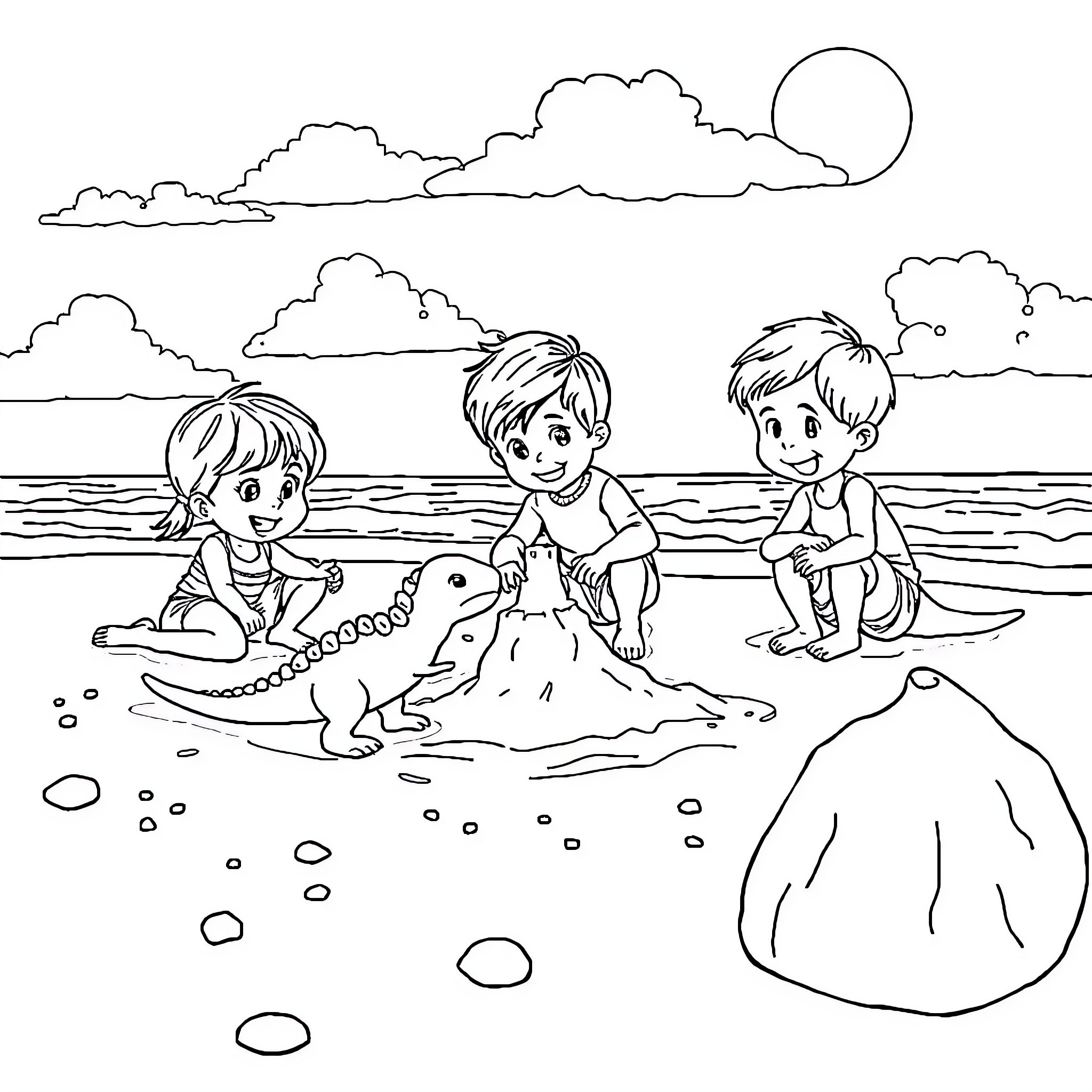 Children playing joyfully on the beach Coloring Page (free black-and-white line drawing printable PDF for all, from beginners to advanced learners, including children, teens, adults, and seniors)