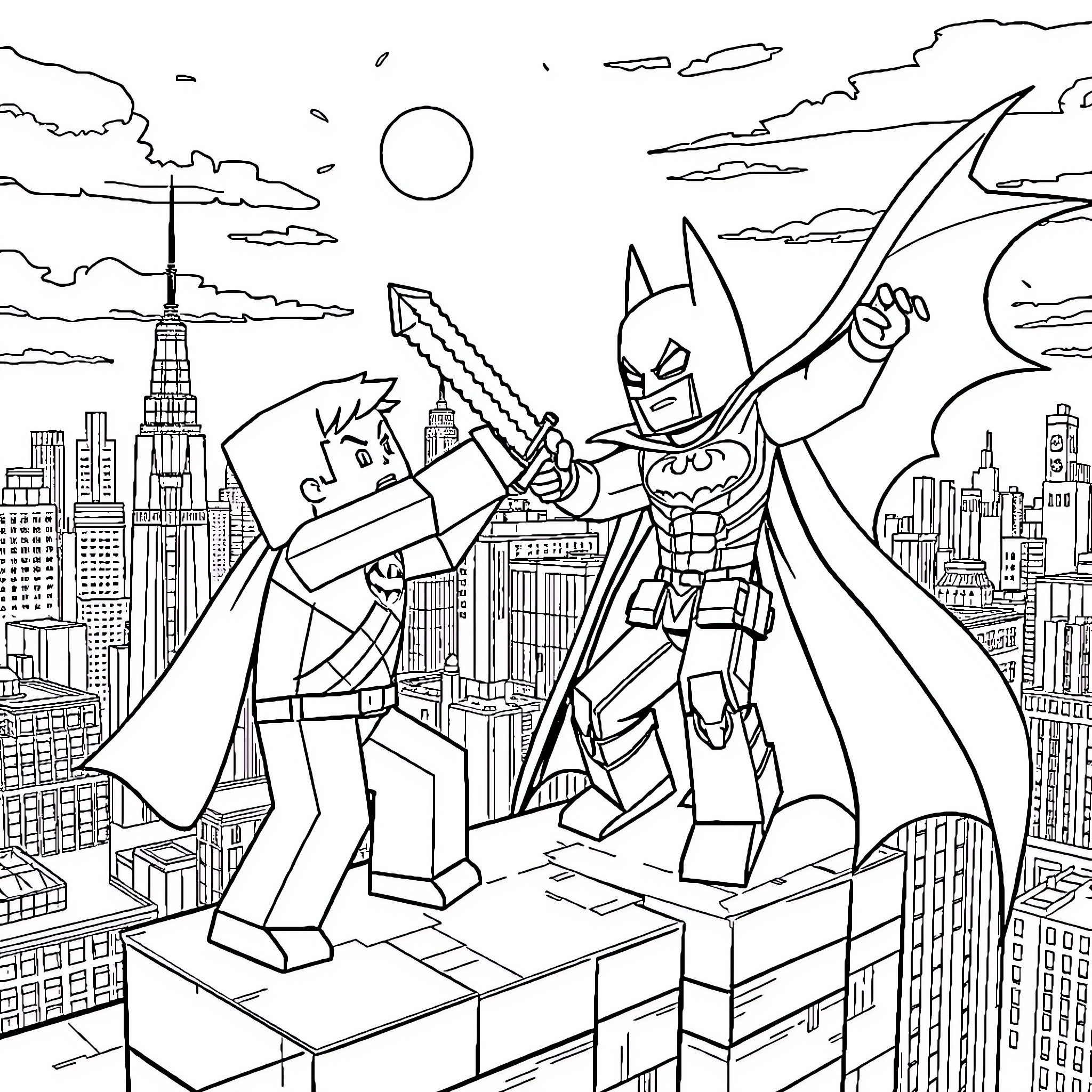 Minecraft heroes battling atop the city skyline Coloring Page (free black-and-white line drawing printable PDF for all, from beginners to advanced learners, including children, teens, adults, and seniors)