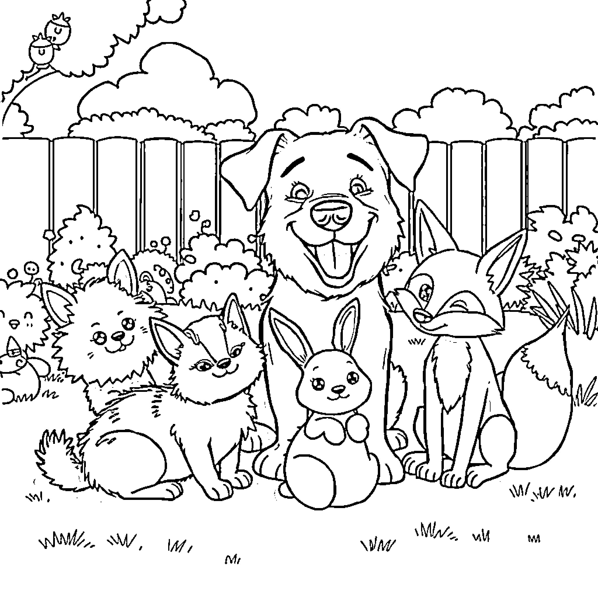 Dog and friends playing in the woods Coloring Page (free black-and-white line drawing printable PDF for all, from beginners to advanced learners, including children, teens, adults, and seniors)