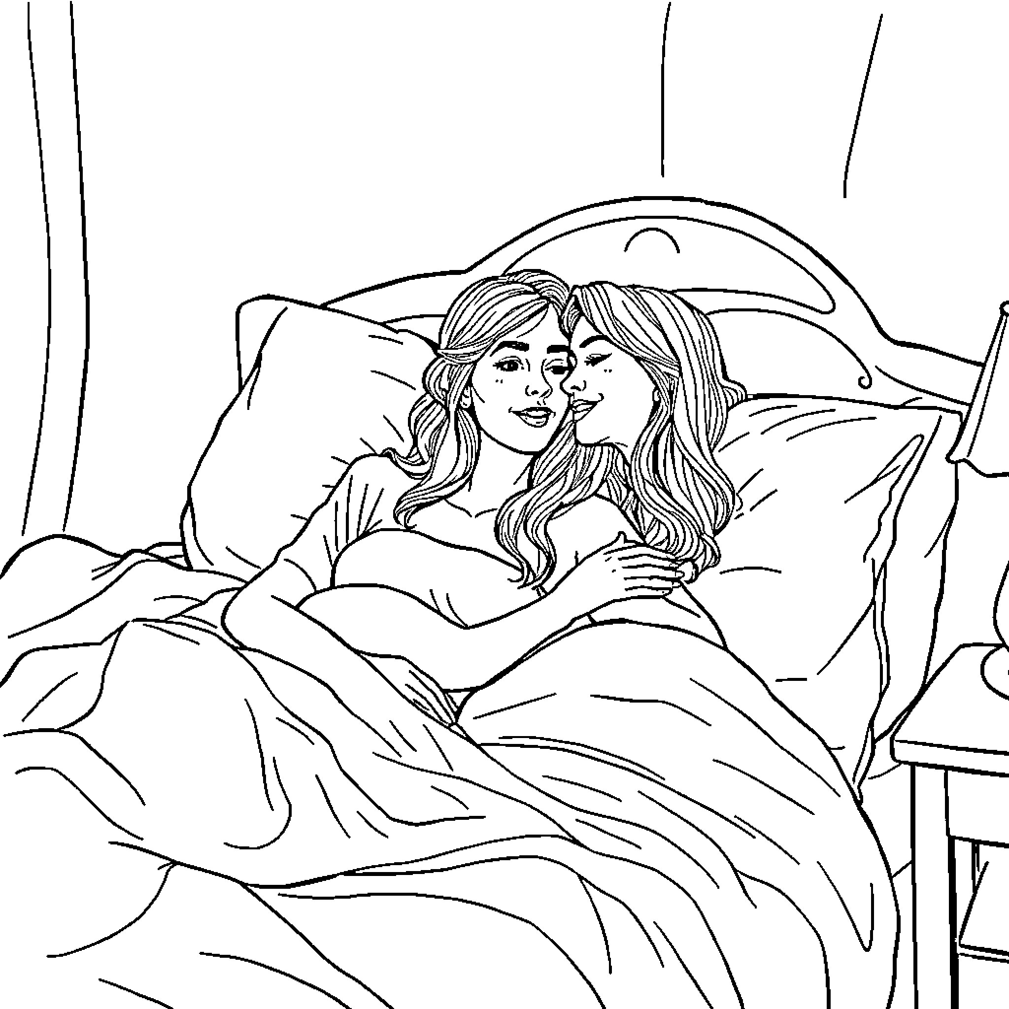 Sisters sharing a cozy moment in bed Coloring Page (free black-and-white line drawing printable PDF for all, from beginners to advanced learners, including children, teens, adults, and seniors)