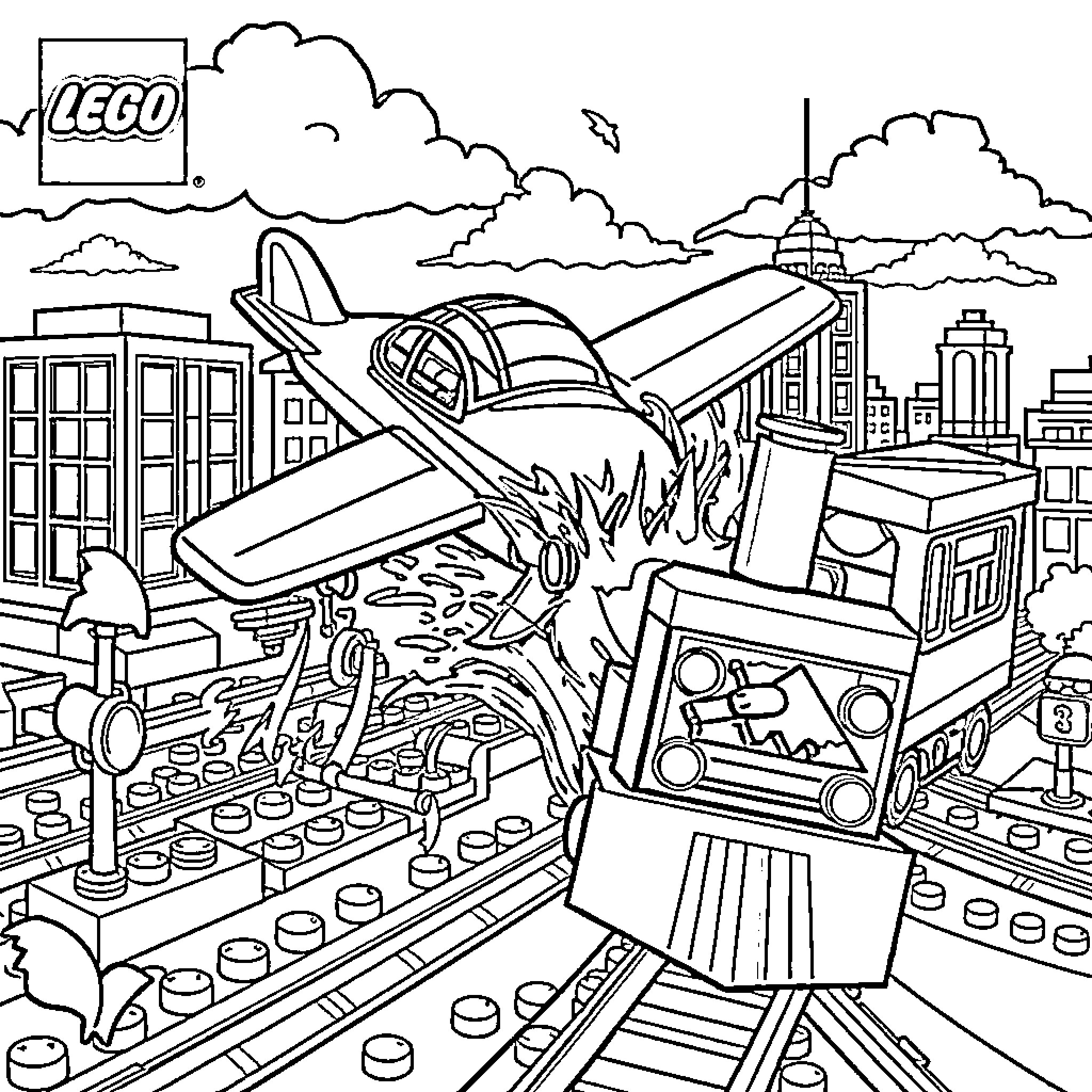 Lego Cityscape with Vehicles and Chaos Coloring Page (free black-and-white line drawing printable PDF for all, from beginners to advanced learners, including children, teens, adults, and seniors)