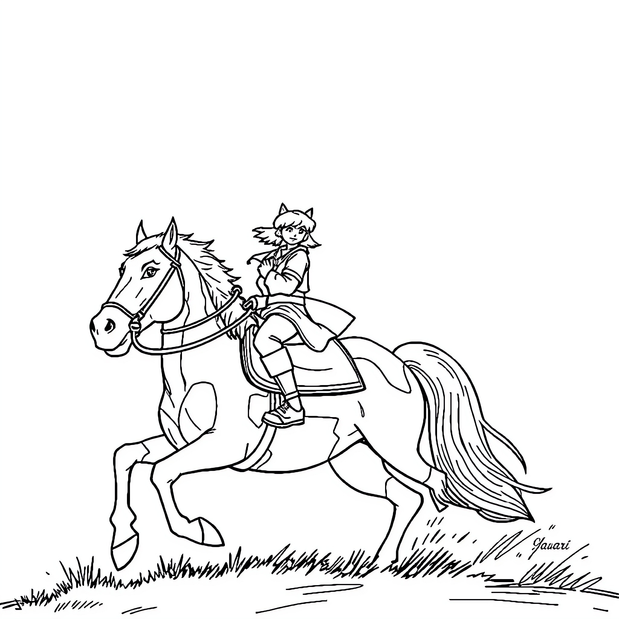 Yakari riding horse on grassy field Coloring Page (free black-and-white line drawing printable PDF for all, from beginners to advanced learners, including children, teens, adults, and seniors)