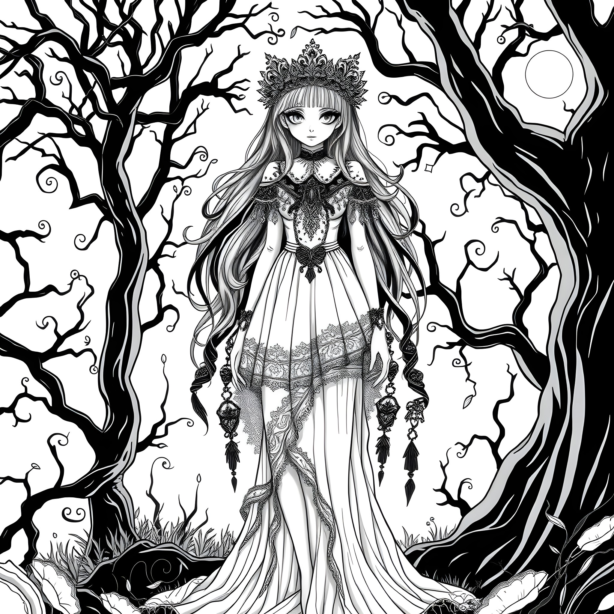Gothic Girl in Enchanted Forest Dreamscape Coloring Page (free black-and-white line drawing printable PDF for all, from beginners to advanced learners, including children, teens, adults, and seniors)