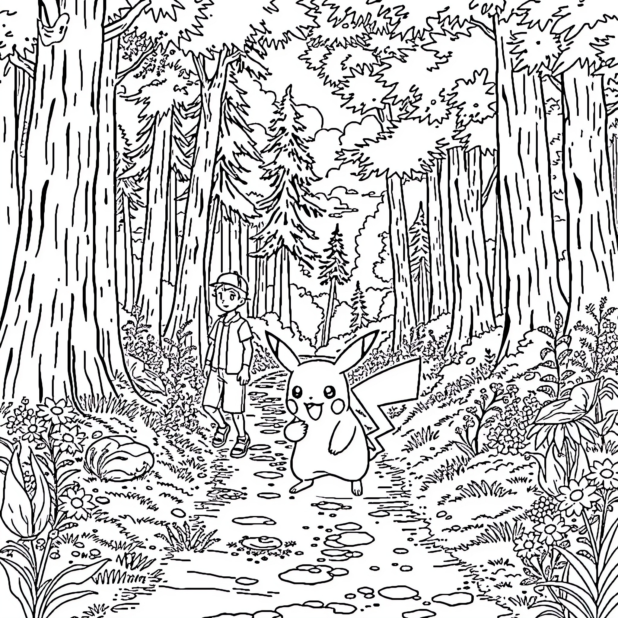 Ash exploring the magical forest with Pikachu Coloring Page (free black-and-white line drawing printable PDF for all, from beginners to advanced learners, including children, teens, adults, and seniors)