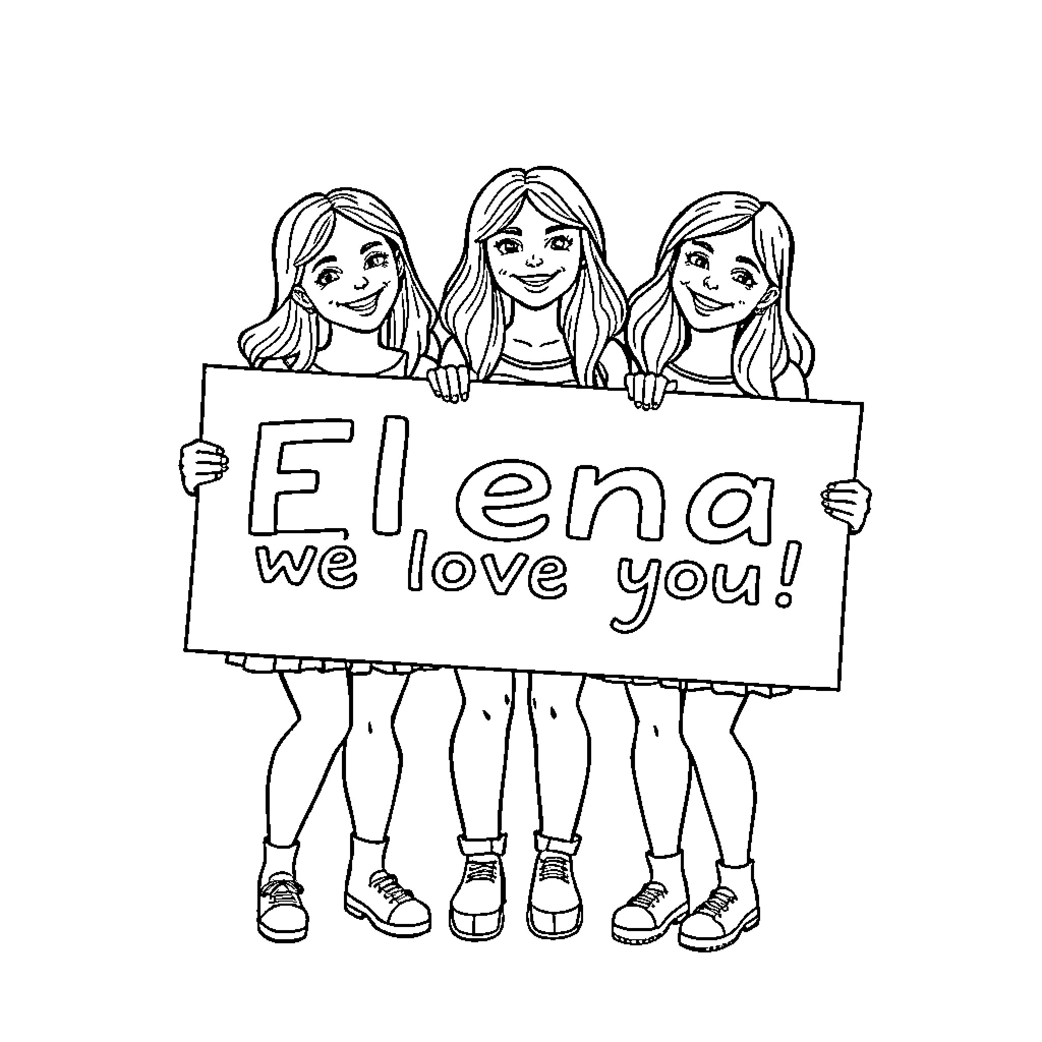Girls holding 'We love you!' sign Coloring Page (free black-and-white line drawing printable PDF for all, from beginners to advanced learners, including children, teens, adults, and seniors)