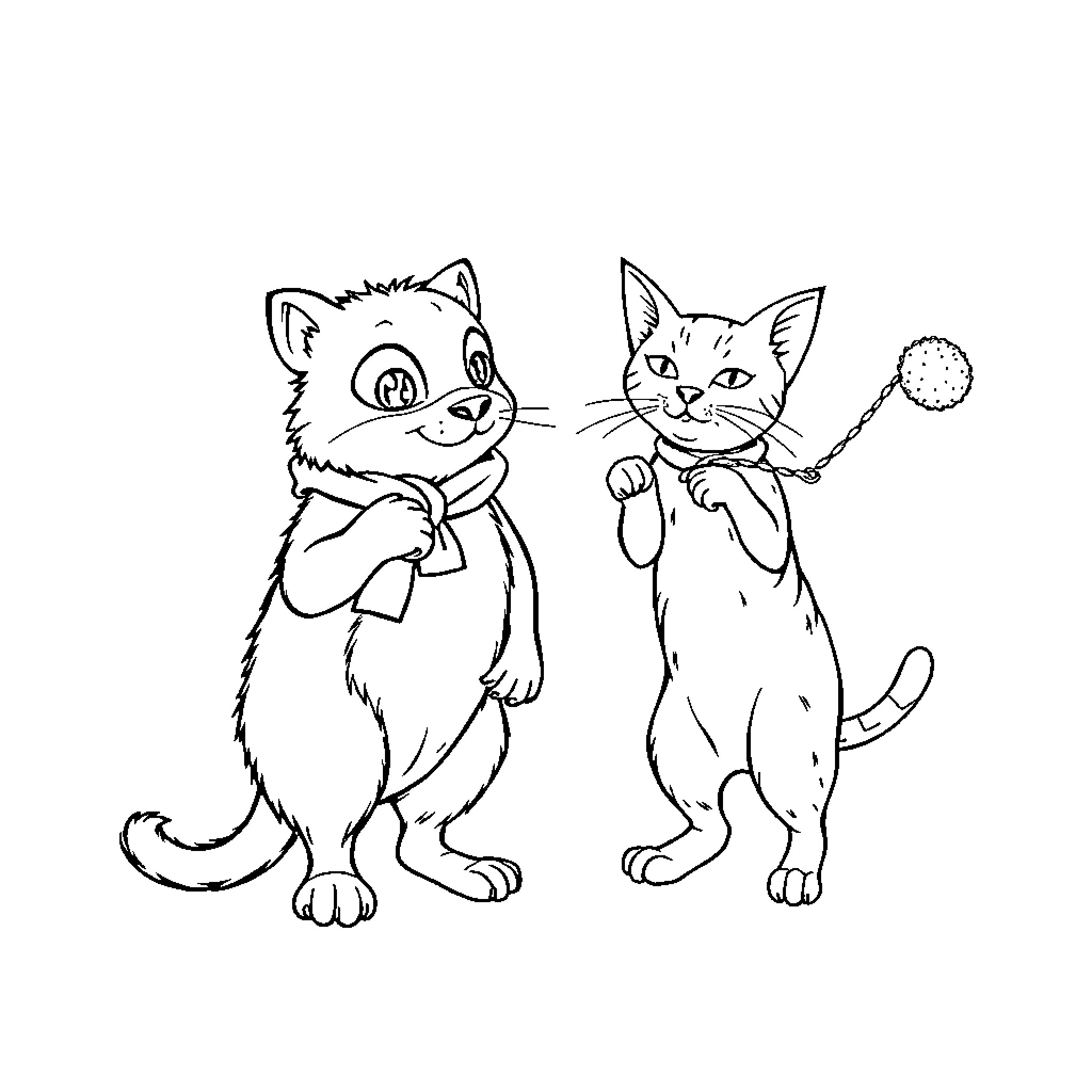 Pet cats playing with toy in coloring page Coloring Page (free black-and-white line drawing printable PDF for all, from beginners to advanced learners, including children, teens, adults, and seniors)