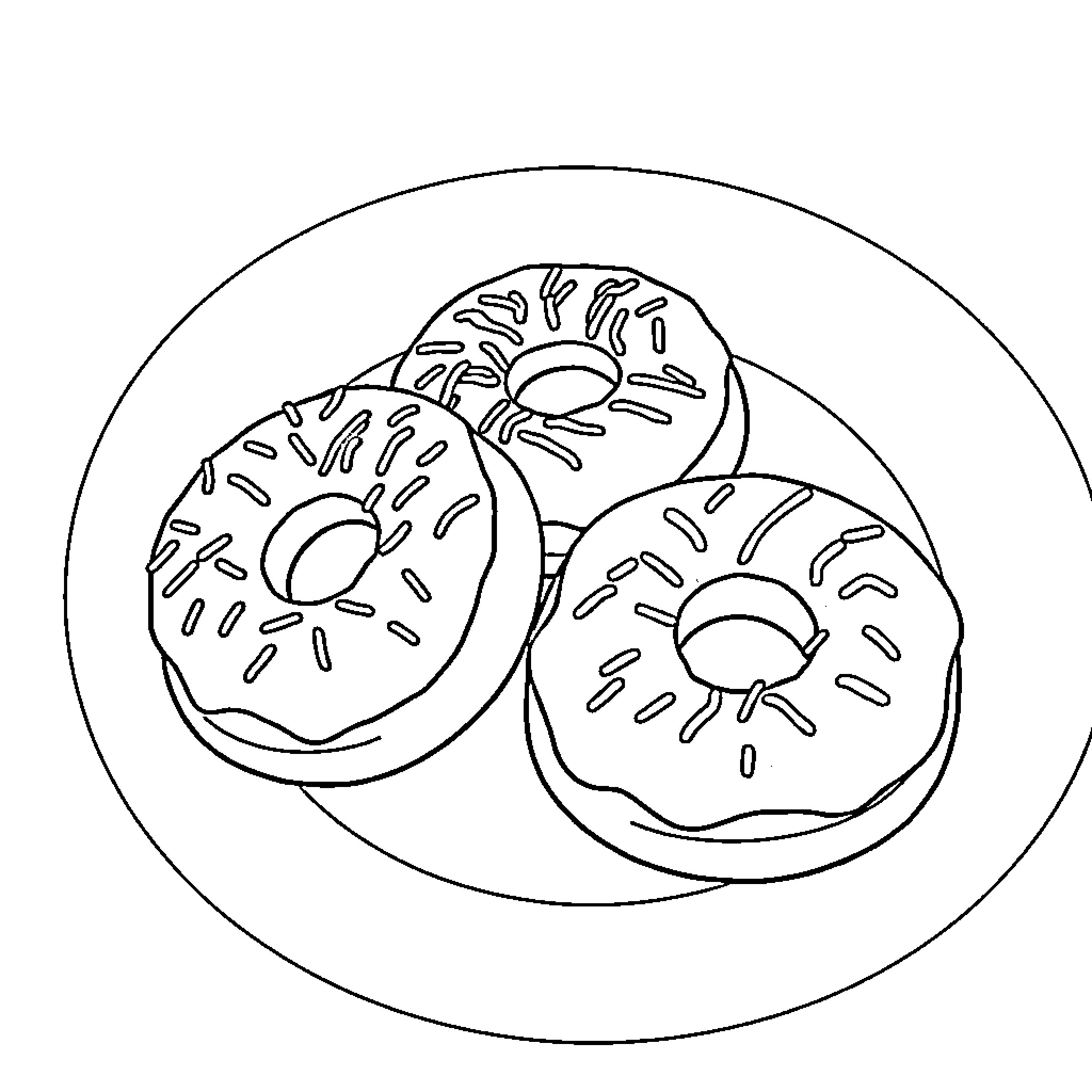 Doughnut Delights: Savory Snacks on a Plate Coloring Page (free black-and-white line drawing printable PDF for all, from beginners to advanced learners, including children, teens, adults, and seniors)