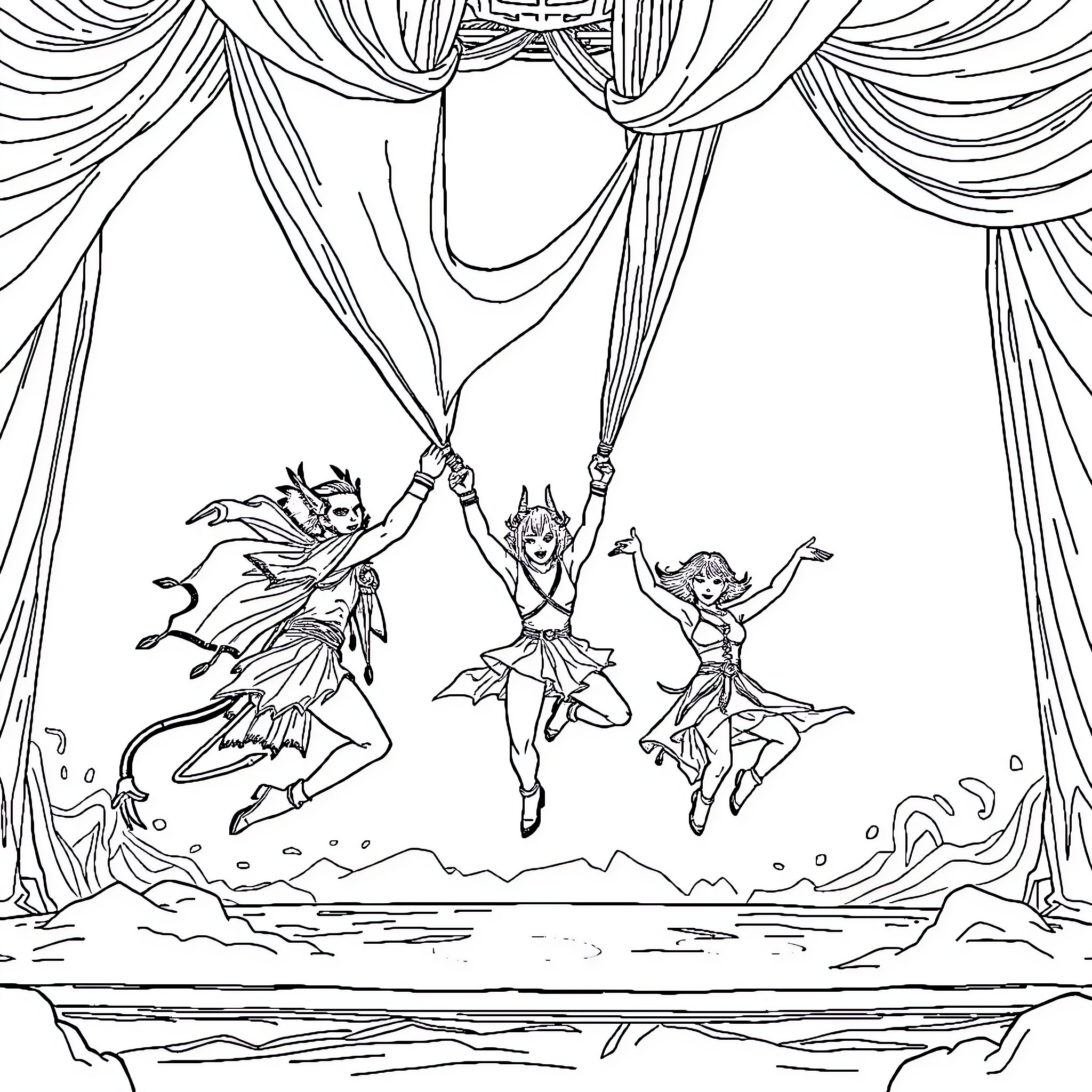 Demon Hunters performing acrobatic stunts on stage Coloring Page (free black-and-white line drawing printable PDF for all, from beginners to advanced learners, including children, teens, adults, and seniors)