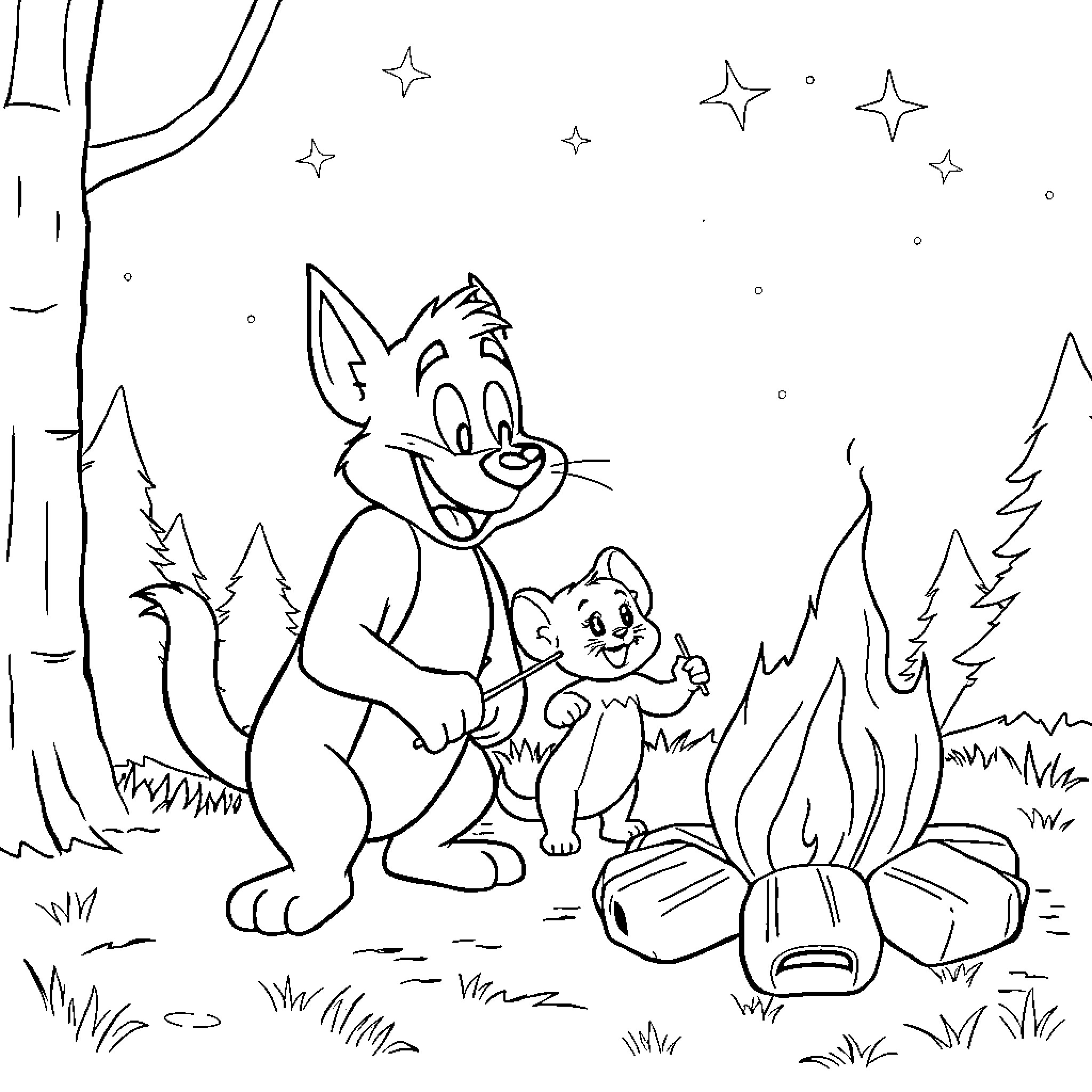 Dog and Puppy Camping Under the Stars Coloring Page (free black-and-white line drawing printable PDF for all, from beginners to advanced learners, including children, teens, adults, and seniors)