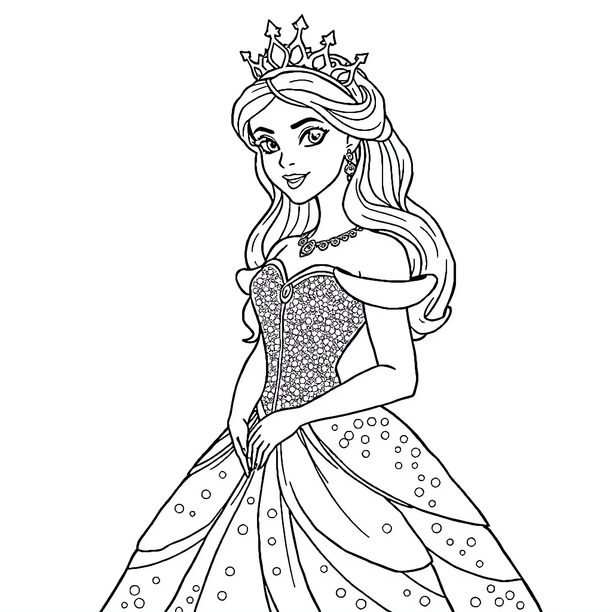 Princess in Elegant Gown and Crown Coloring Page (free black-and-white line drawing printable PDF for all, from beginners to advanced learners, including children, teens, adults, and seniors)