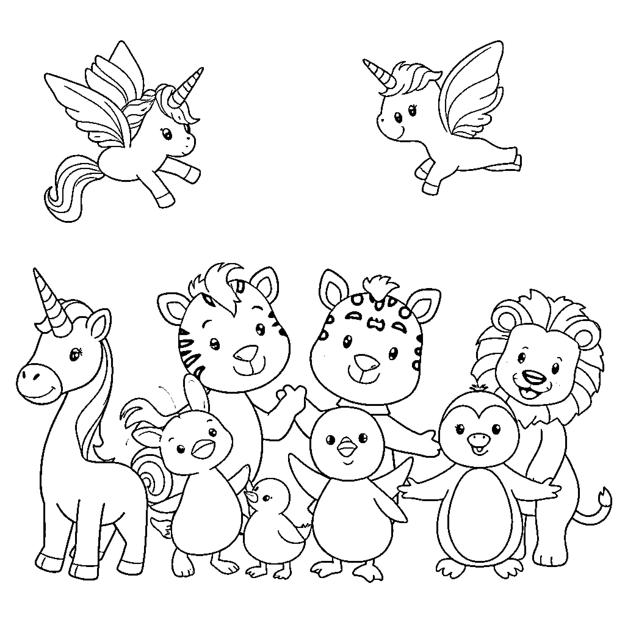 Baby Animal Friends Gathering Coloring Page (free black-and-white line drawing printable PDF for all, from beginners to advanced learners, including children, teens, adults, and seniors)