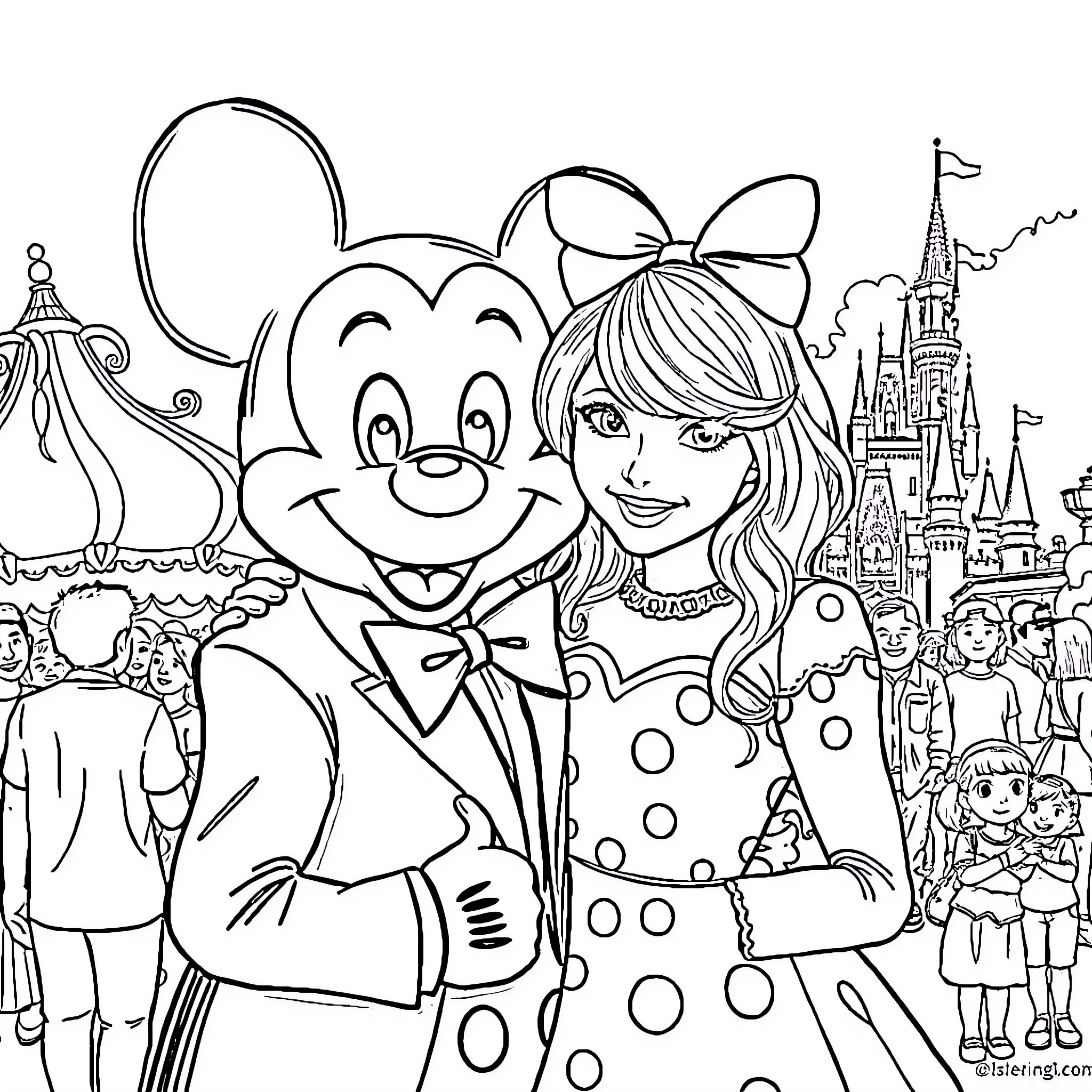 Taylor Swift's Magical Disney Adventure Coloring Page (free black-and-white line drawing printable PDF for all, from beginners to advanced learners, including children, teens, adults, and seniors)