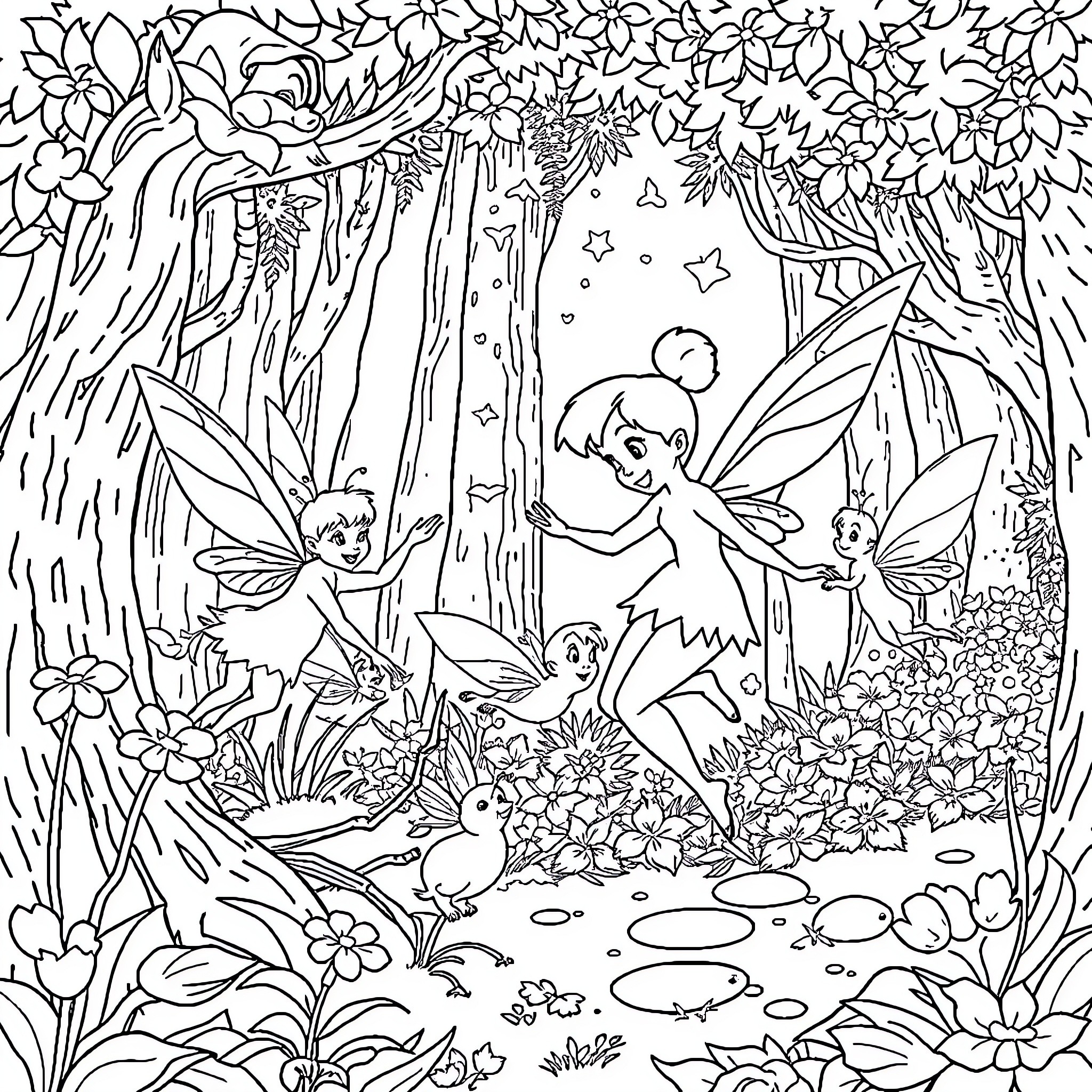 Tinkerbell and Fairy Friends in Enchanted Forest Coloring Page (free black-and-white line drawing printable PDF for all, from beginners to advanced learners, including children, teens, adults, and seniors)
