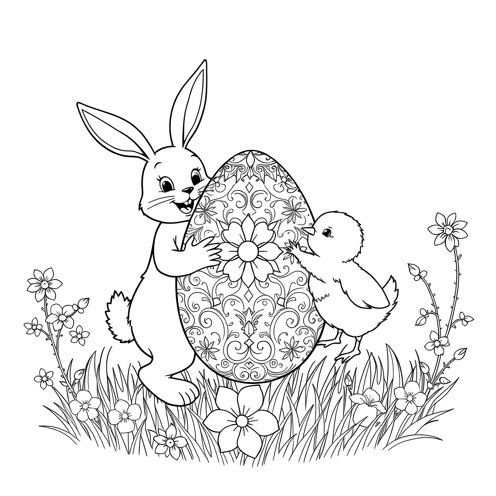 Bunny and Chick Enjoying Floral Easter Egg Coloring Page (free black-and-white line drawing printable PDF for all, from beginners to advanced learners, including children, teens, adults, and seniors)