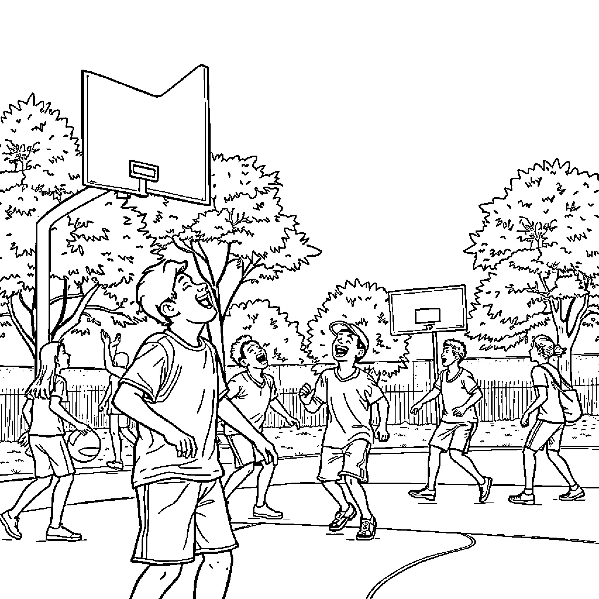 Basketball game in the park Coloring Page (free black-and-white line drawing printable PDF for all, from beginners to advanced learners, including children, teens, adults, and seniors)