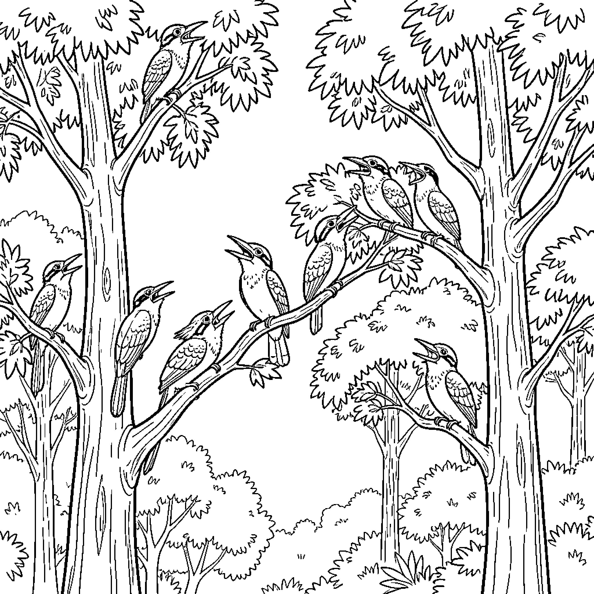 Kookaburras perched in a tree-filled forest Coloring Page (free black-and-white line drawing printable PDF for all, from beginners to advanced learners, including children, teens, adults, and seniors)