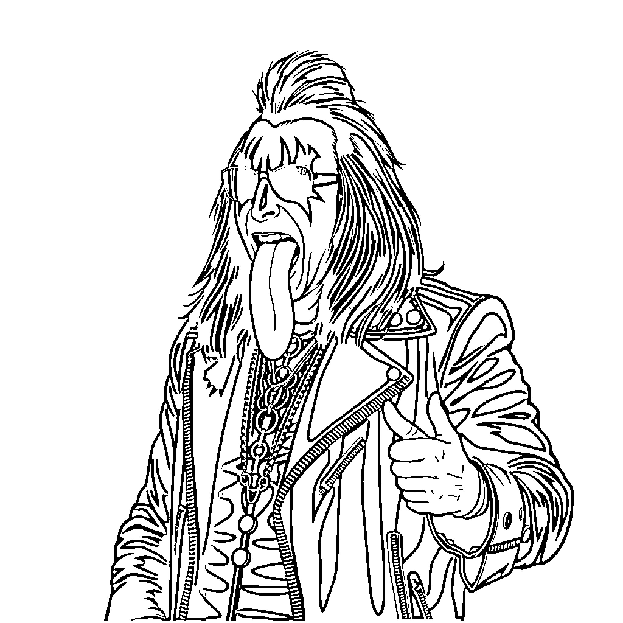 Gene Simmons' iconic rock star image Coloring Page (free black-and-white line drawing printable PDF for all, from beginners to advanced learners, including children, teens, adults, and seniors)