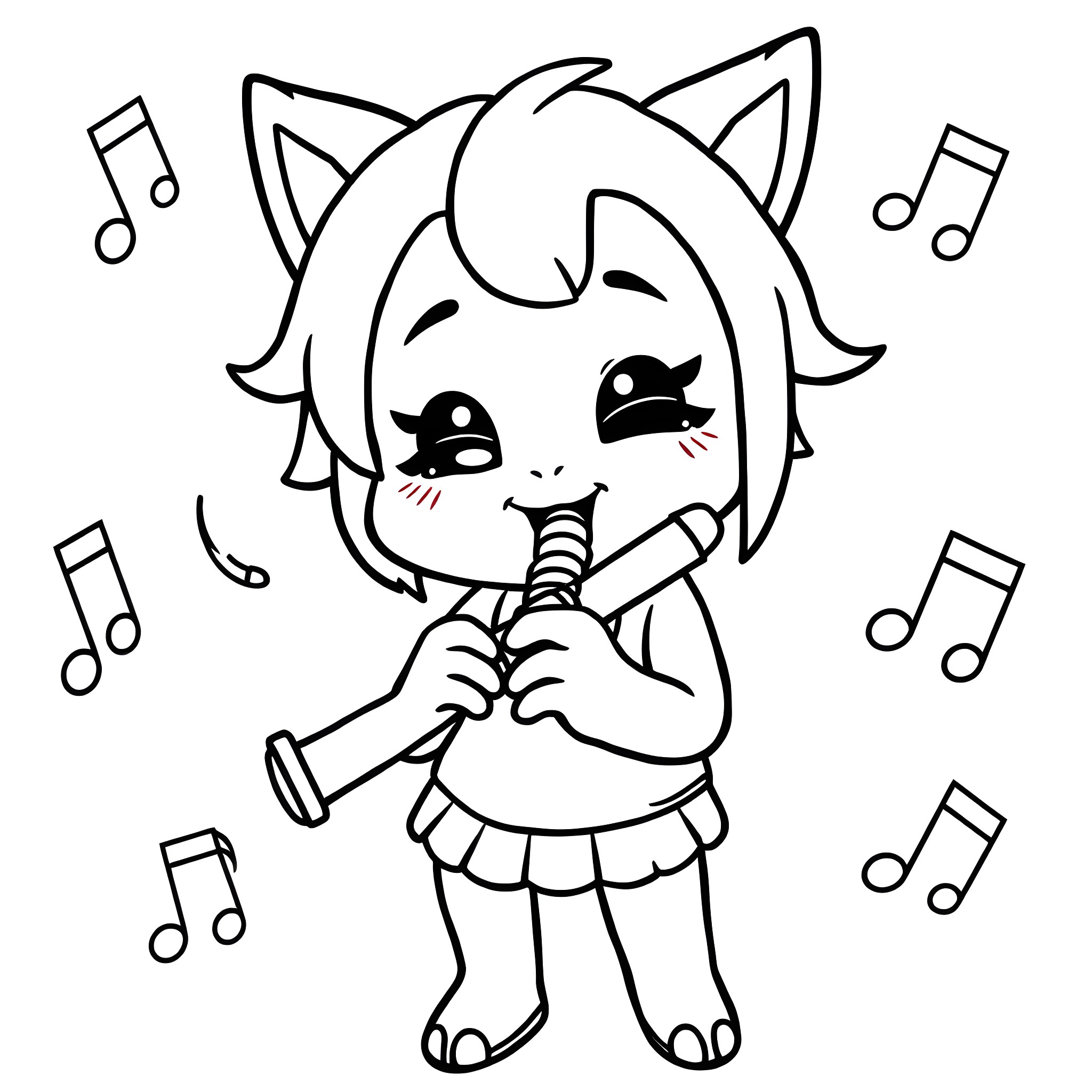 Kuromi singing and dancing with musical notes Coloring Page (free black-and-white line drawing printable PDF for all, from beginners to advanced learners, including children, teens, adults, and seniors)