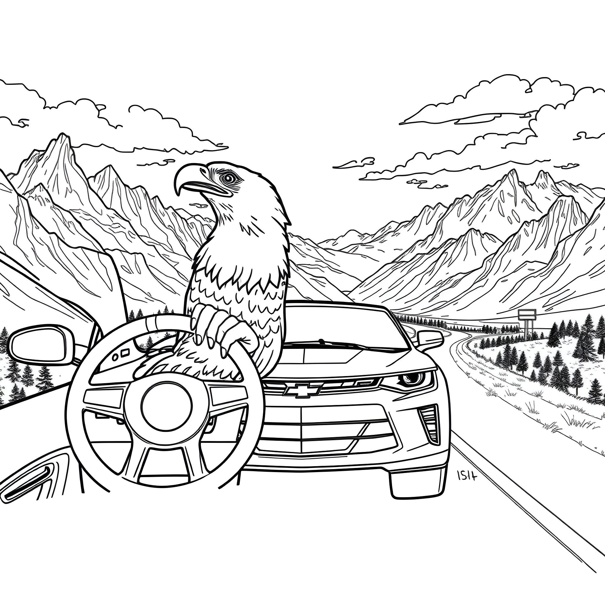 Bald Eagle perched on steering wheel of car driving through mountains Coloring Page (free black-and-white line drawing printable PDF for all, from beginners to advanced learners, including children, teens, adults, and seniors)