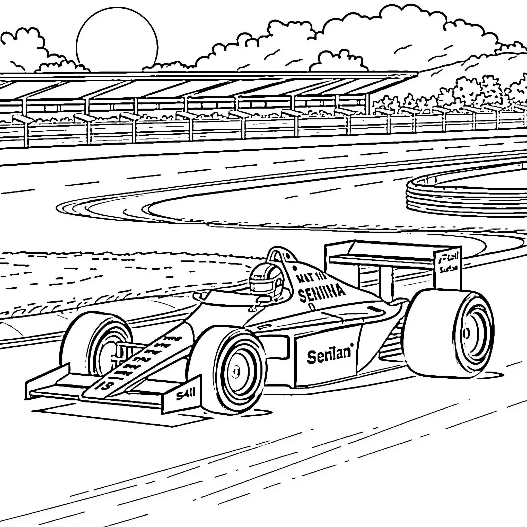 Ayrton Senna's Formula One Race Car on the Track Coloring Page (free black-and-white line drawing printable PDF for all, from beginners to advanced learners, including children, teens, adults, and seniors)