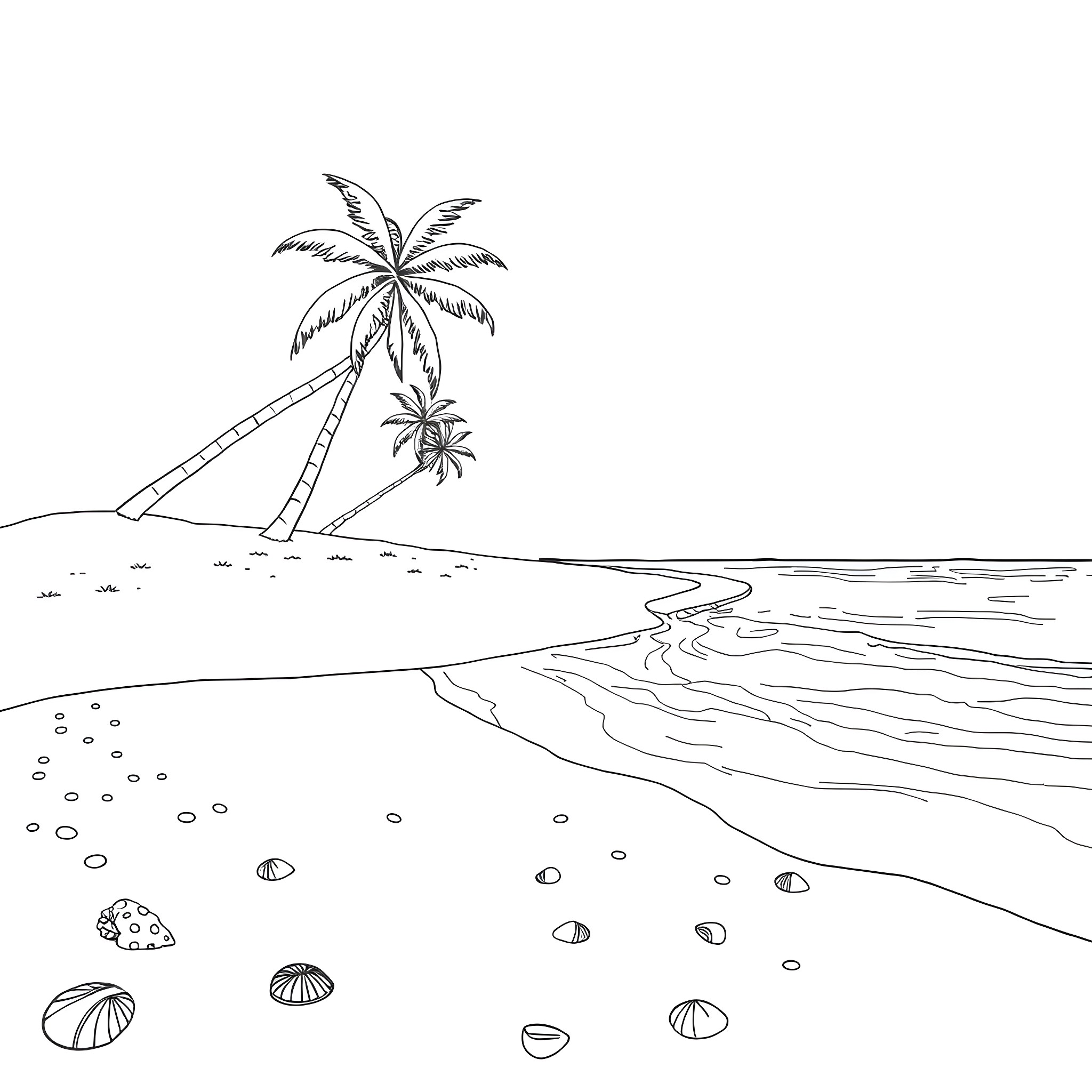 Beach scene with palm trees and seashells Coloring Page (free black-and-white line drawing printable PDF for all, from beginners to advanced learners, including children, teens, adults, and seniors)