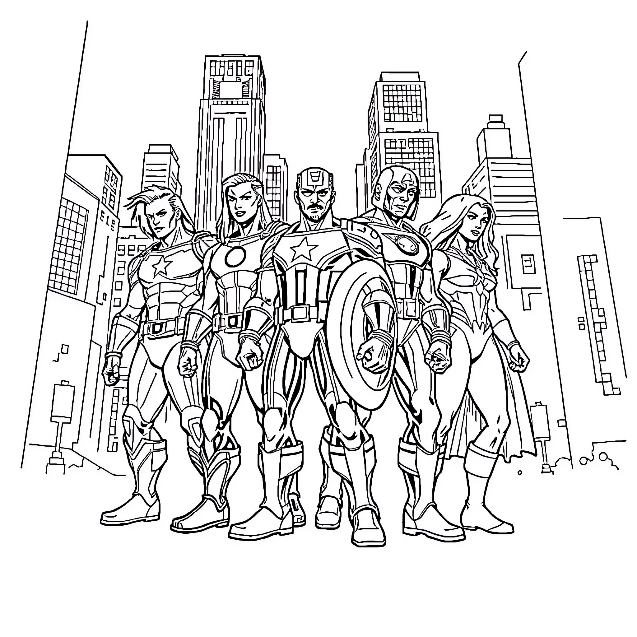 Avenger Heroes Assembled in Cityscape Coloring Page (free black-and-white line drawing printable PDF for all, from beginners to advanced learners, including children, teens, adults, and seniors)