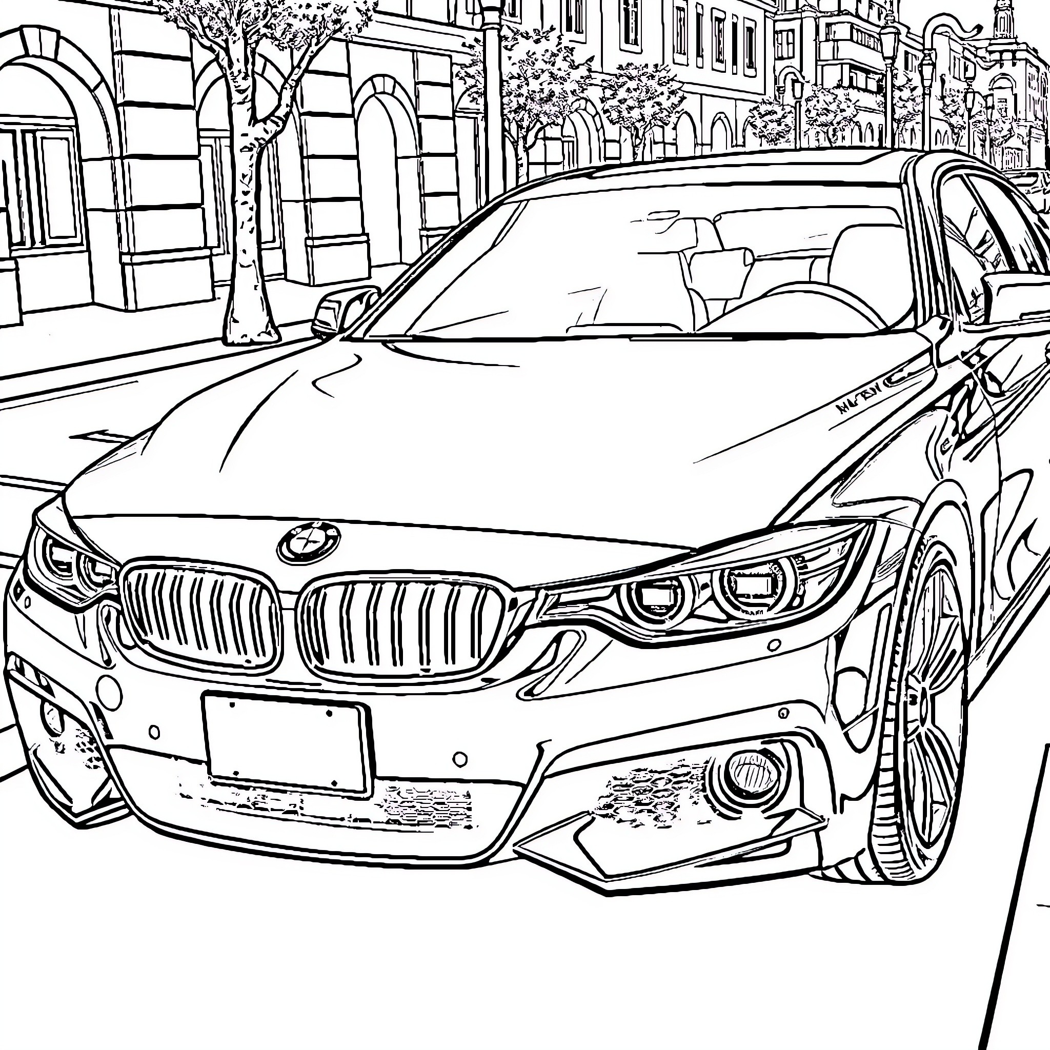 BMW Parked in Vibrant City Street Coloring Page (free black-and-white line drawing printable PDF for all, from beginners to advanced learners, including children, teens, adults, and seniors)
