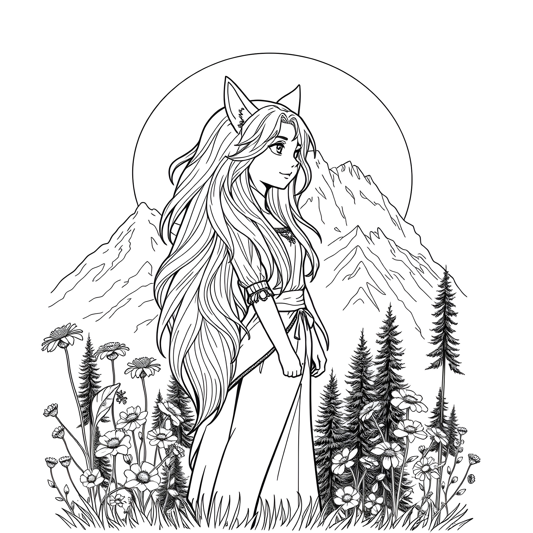 Wolf Girl Exploring the Enchanted Forest Coloring Page (free black-and-white line drawing printable PDF for all, from beginners to advanced learners, including children, teens, adults, and seniors)
