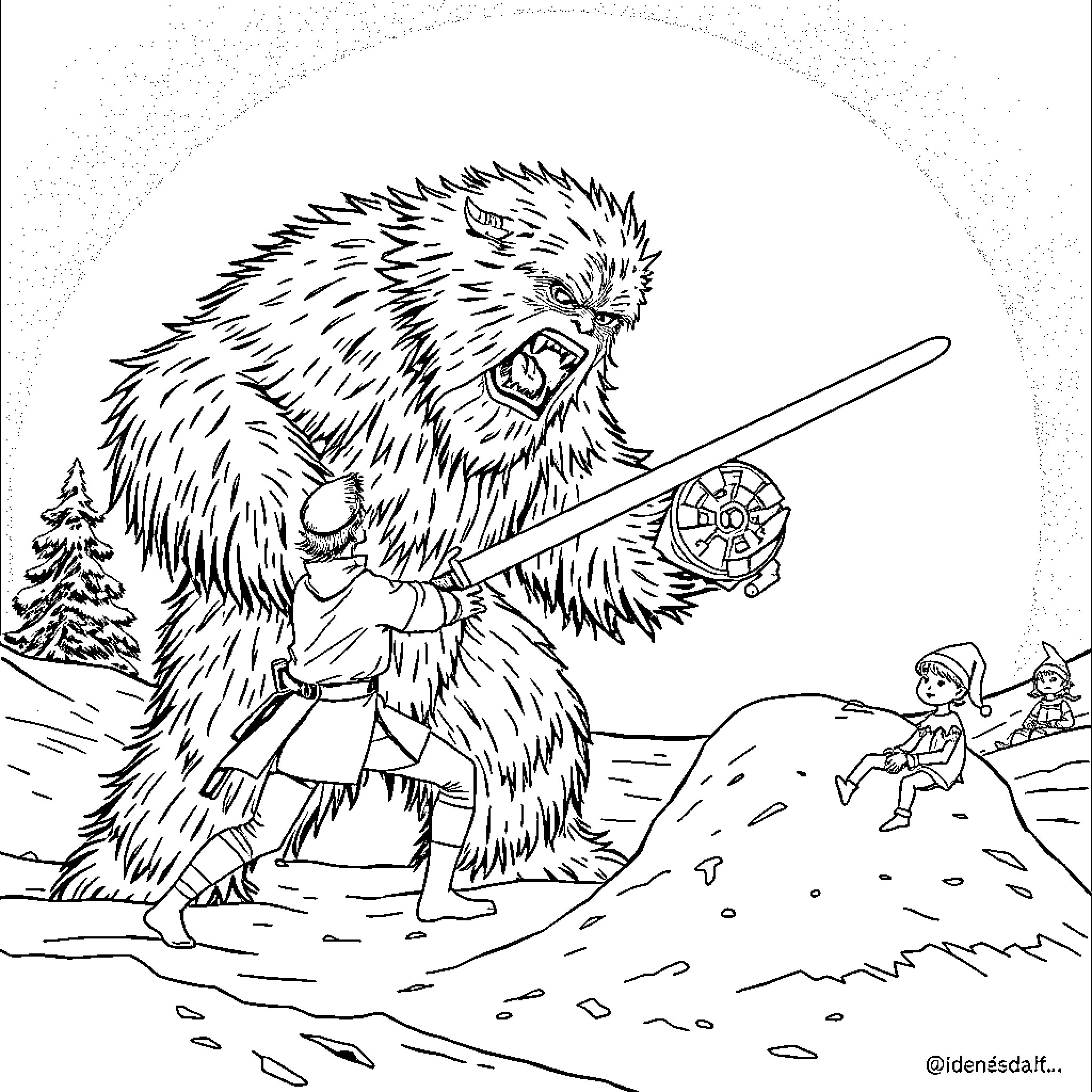 Luke Skywalker battles a ferocious Wookiee warrior in the wilderness Coloring Page (free black-and-white line drawing printable PDF for all, from beginners to advanced learners, including children, teens, adults, and seniors)