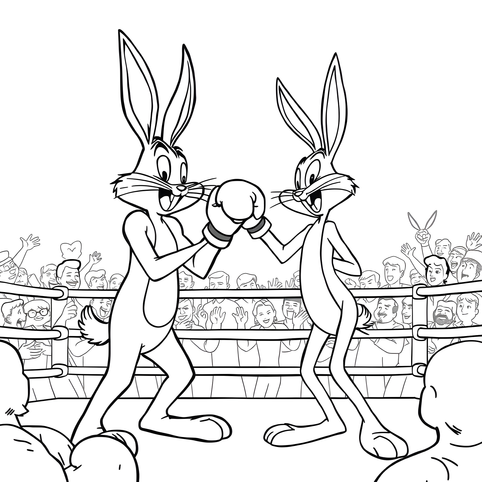 Rabbit Cartoon Characters Boxing in the Ring Coloring Page (free black-and-white line drawing printable PDF for all, from beginners to advanced learners, including children, teens, adults, and seniors)