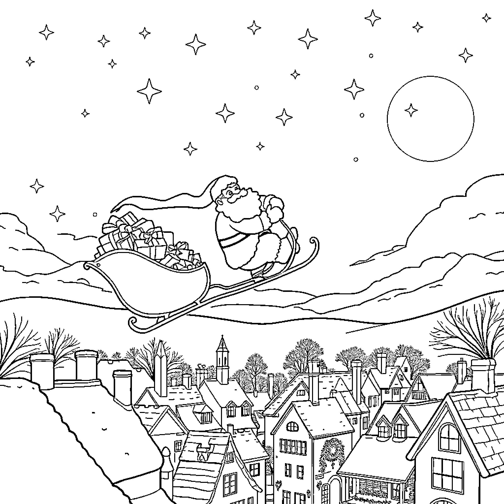 Santa Claus delivering gifts over the snowy town Coloring Page (free black-and-white line drawing printable PDF for all, from beginners to advanced learners, including children, teens, adults, and seniors)