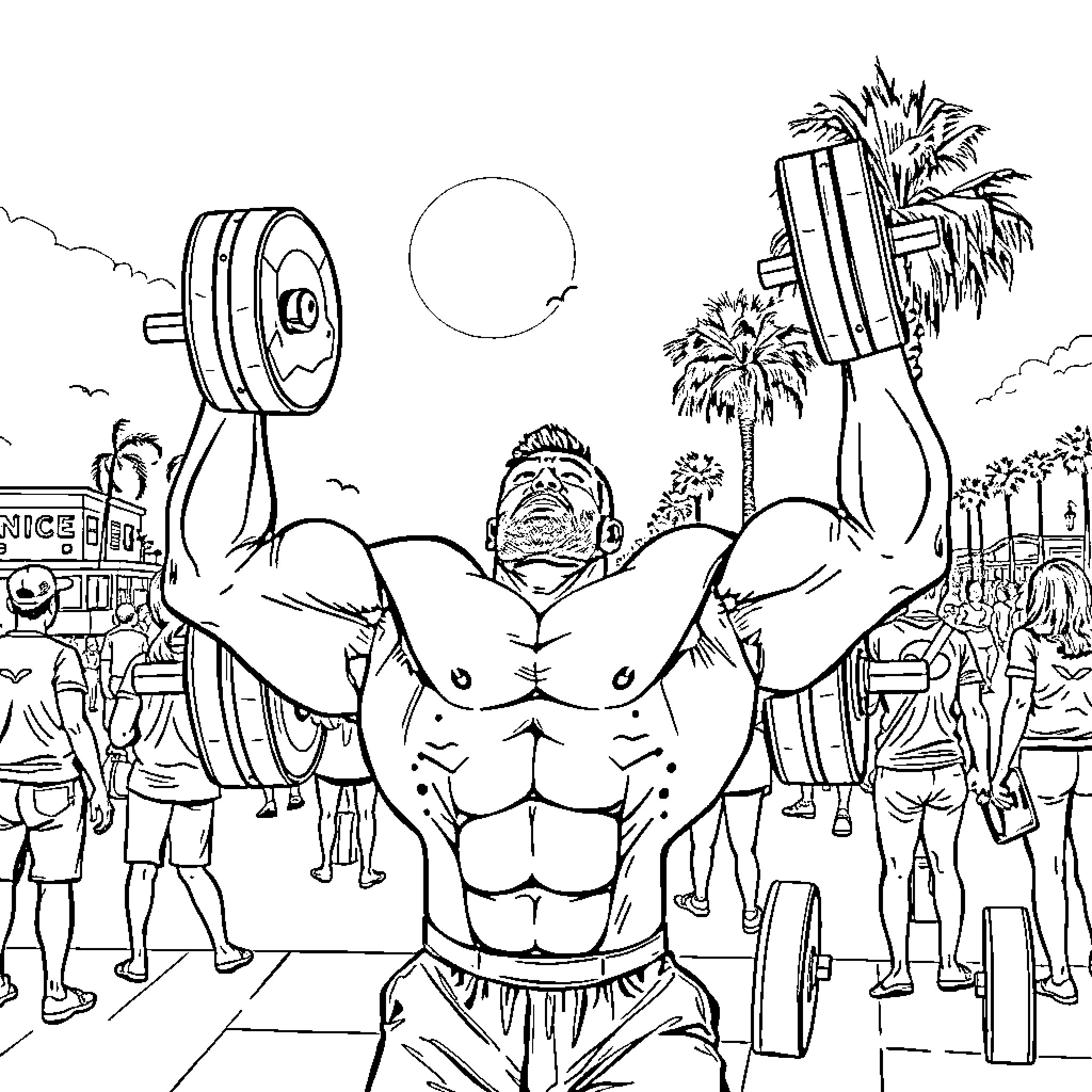 Bodybuilder flexing muscles in beachfront bodybuilding competition Coloring Page (free black-and-white line drawing printable PDF for all, from beginners to advanced learners, including children, teens, adults, and seniors)