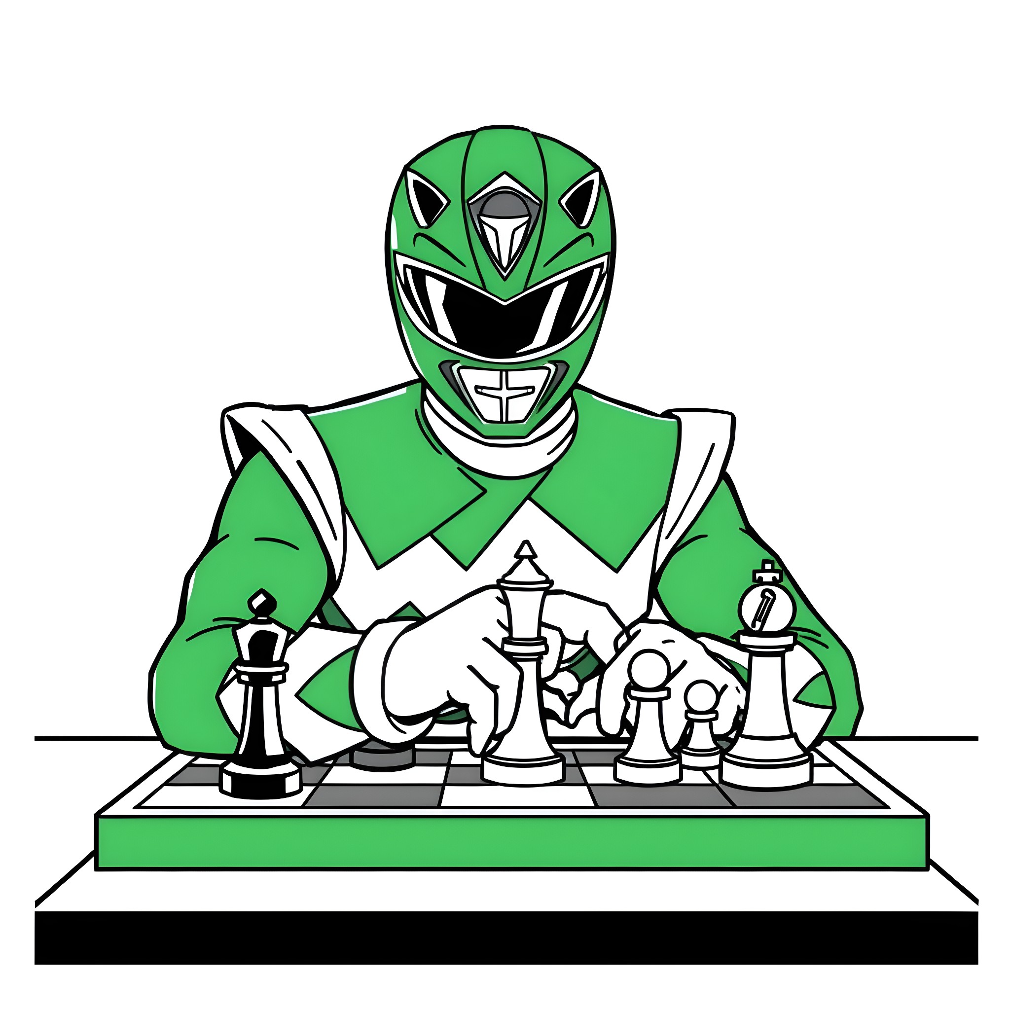 Green Ranger playing strategic chess game Coloring Page (free black-and-white line drawing printable PDF for all, from beginners to advanced learners, including children, teens, adults, and seniors)