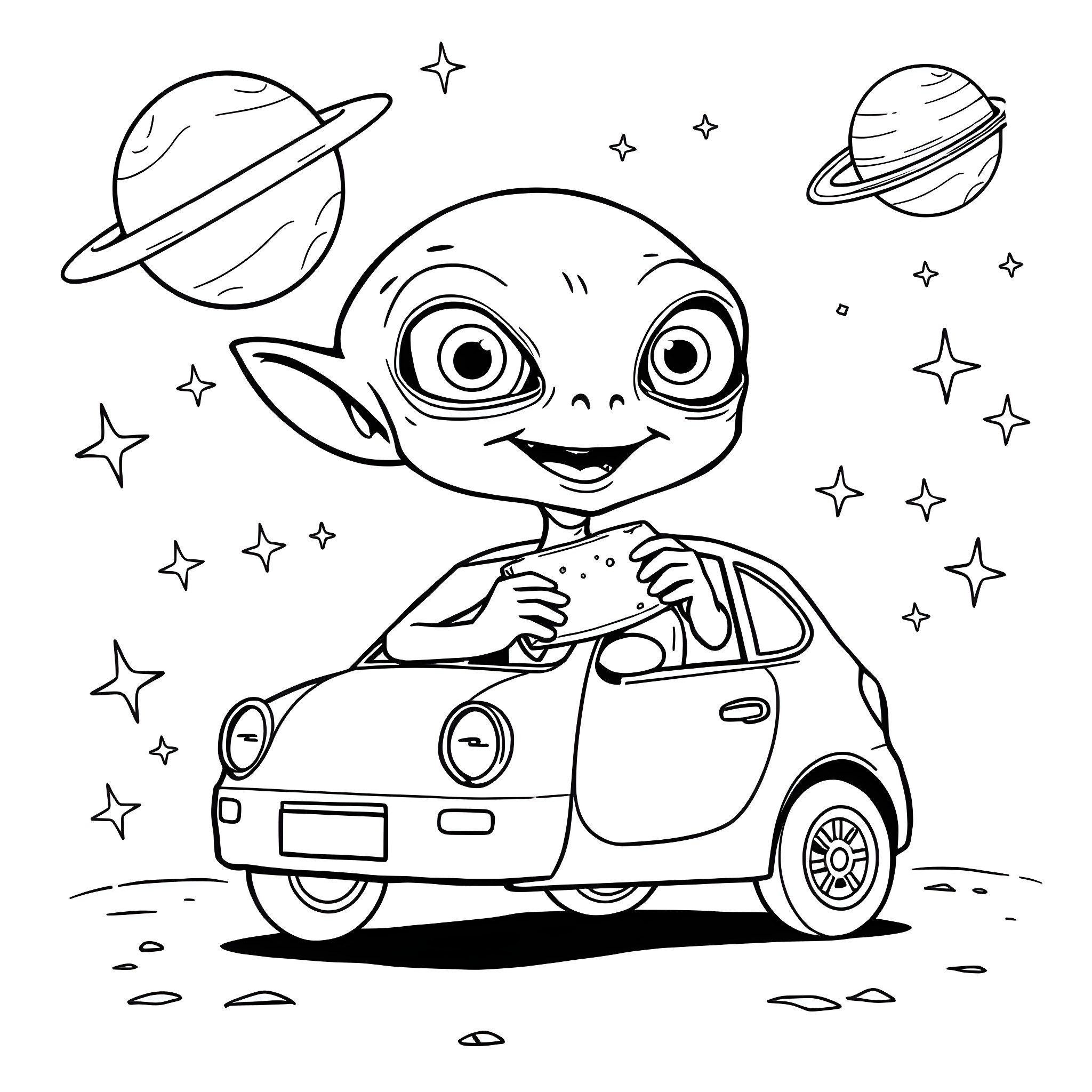 Alien driving a futuristic car in space Coloring Page (free black-and-white line drawing printable PDF for all, from beginners to advanced learners, including children, teens, adults, and seniors)