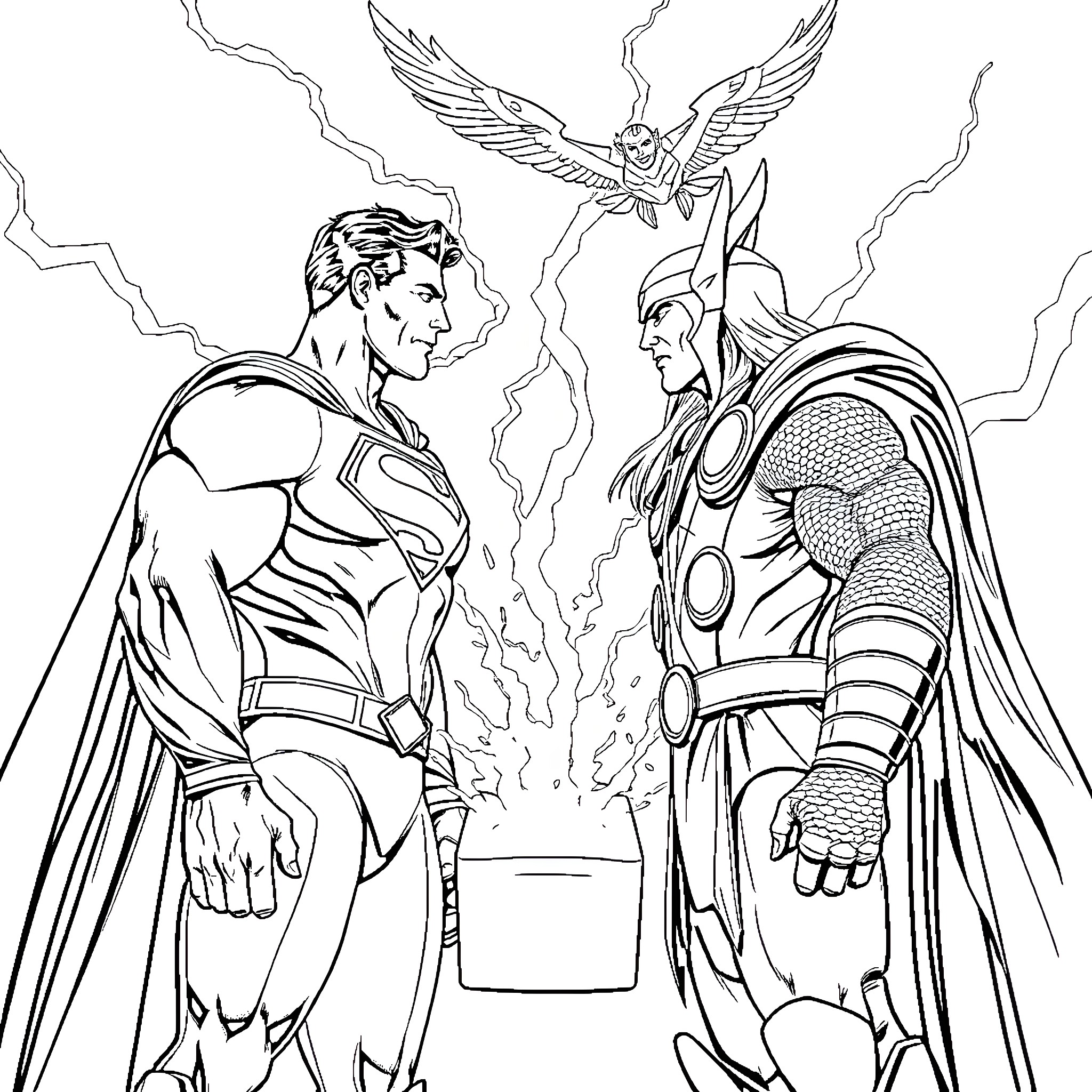Superman confronting a powerful adversary in an epic battle Coloring Page (free black-and-white line drawing printable PDF for all, from beginners to advanced learners, including children, teens, adults, and seniors)