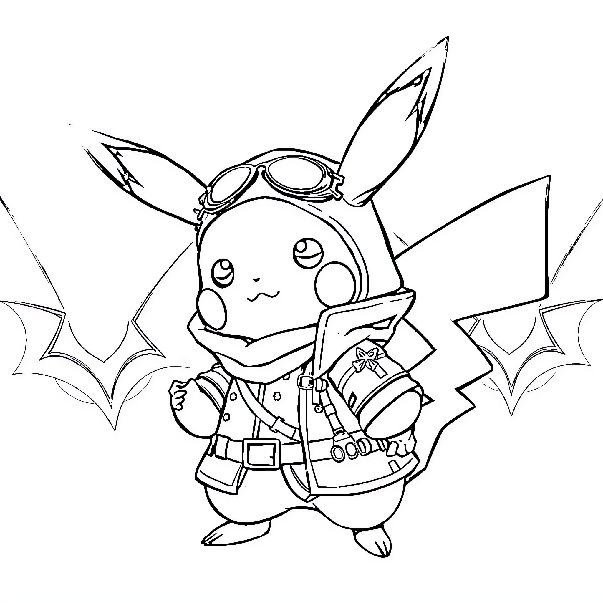 Pikachu the Pilot Adventurer Coloring Page (free black-and-white line drawing printable PDF for all, from beginners to advanced learners, including children, teens, adults, and seniors)