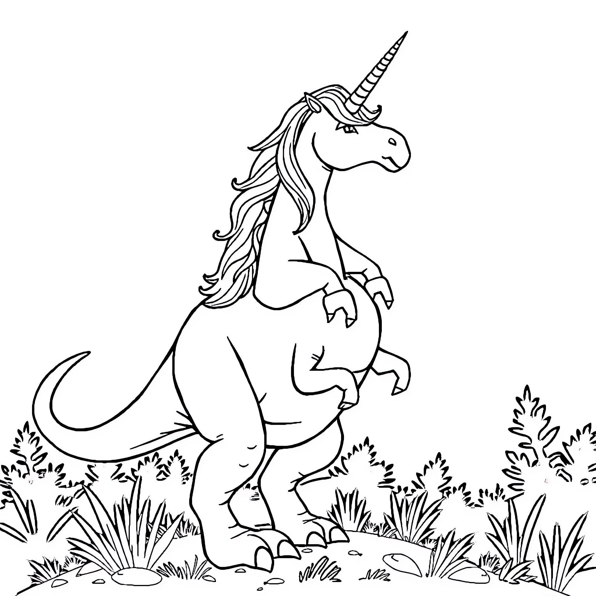 Unicorn frolicking in a lush meadow Coloring Page (free black-and-white line drawing printable PDF for all, from beginners to advanced learners, including children, teens, adults, and seniors)