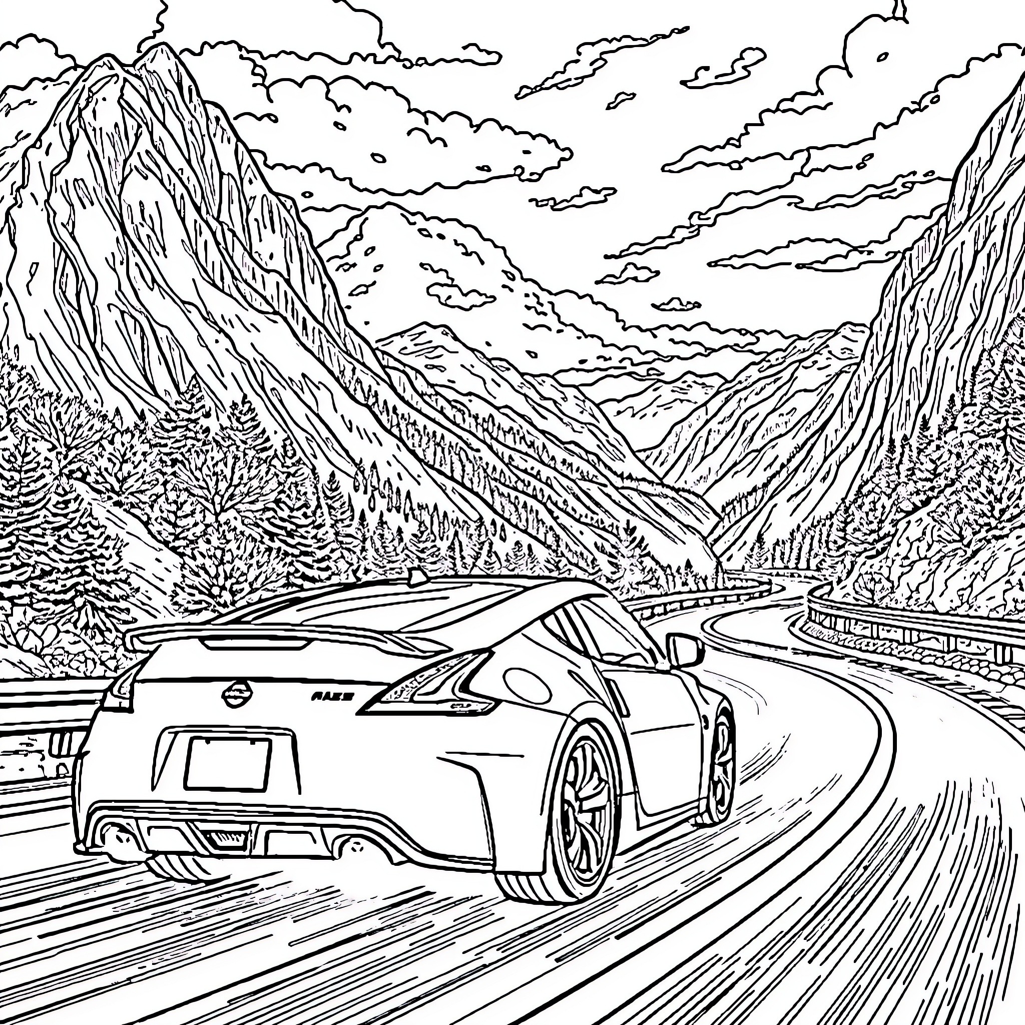 Nissan 370z speeding through a winding mountain road Coloring Page (free black-and-white line drawing printable PDF for all, from beginners to advanced learners, including children, teens, adults, and seniors)