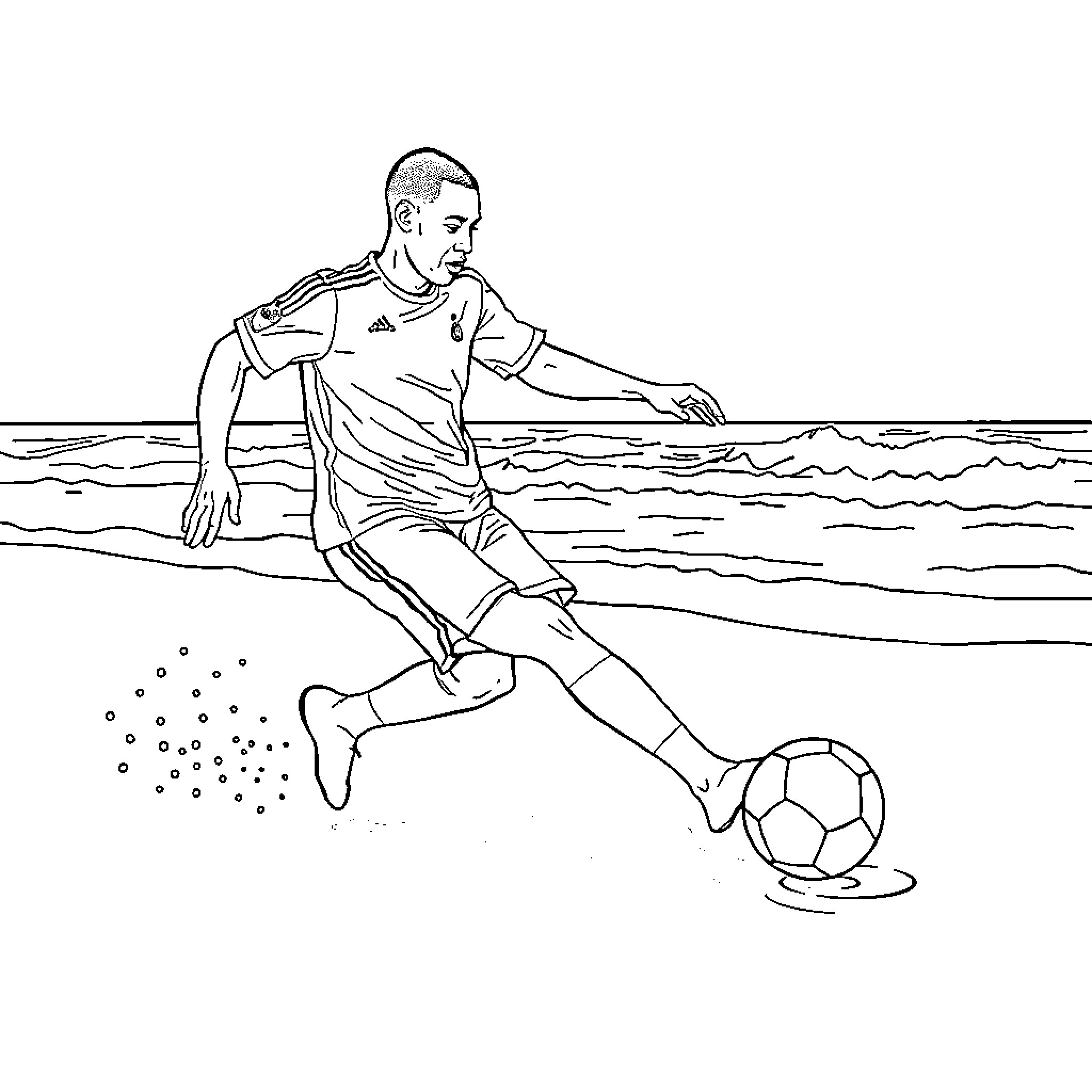 Mbappe Playing Soccer on the Beach Coloring Page (free black-and-white line drawing printable PDF for all, from beginners to advanced learners, including children, teens, adults, and seniors)