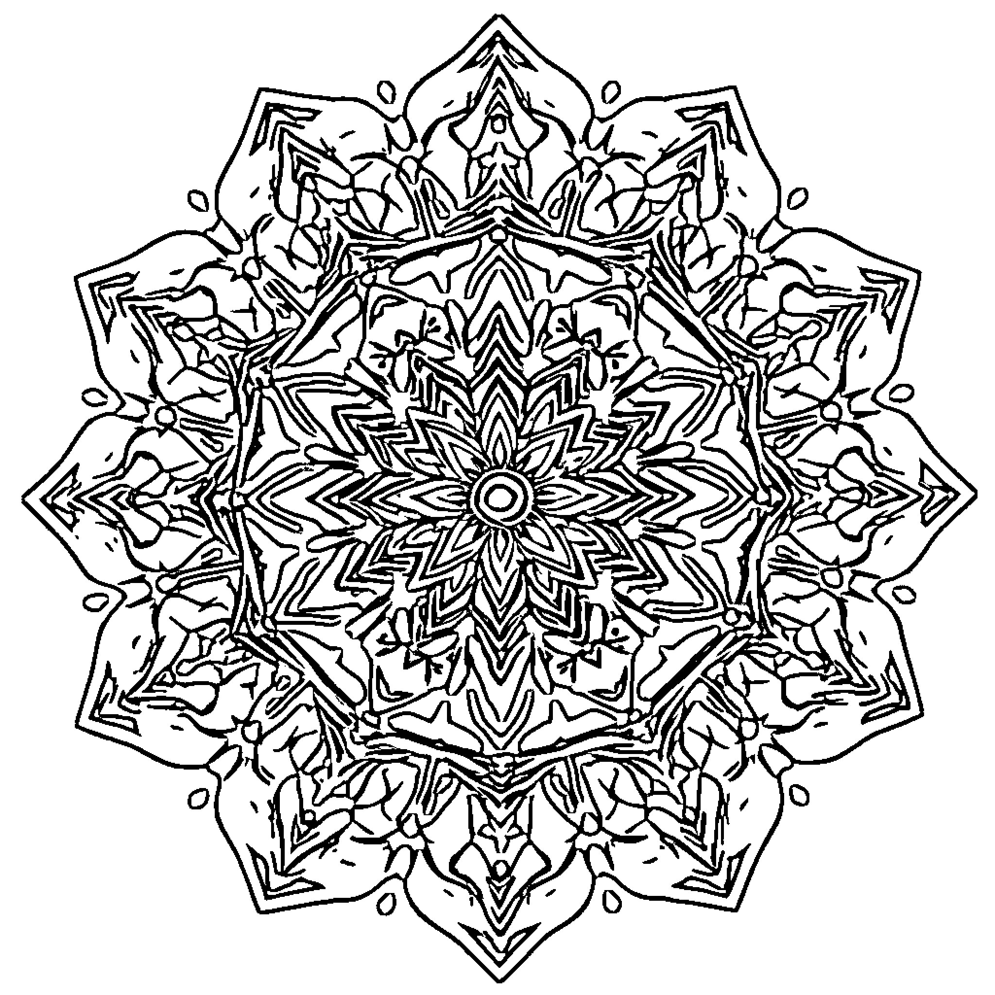 Mandala with intricate floral design and geometric patterns Coloring Page (free black-and-white line drawing printable PDF for all, from beginners to advanced learners, including children, teens, adults, and seniors)