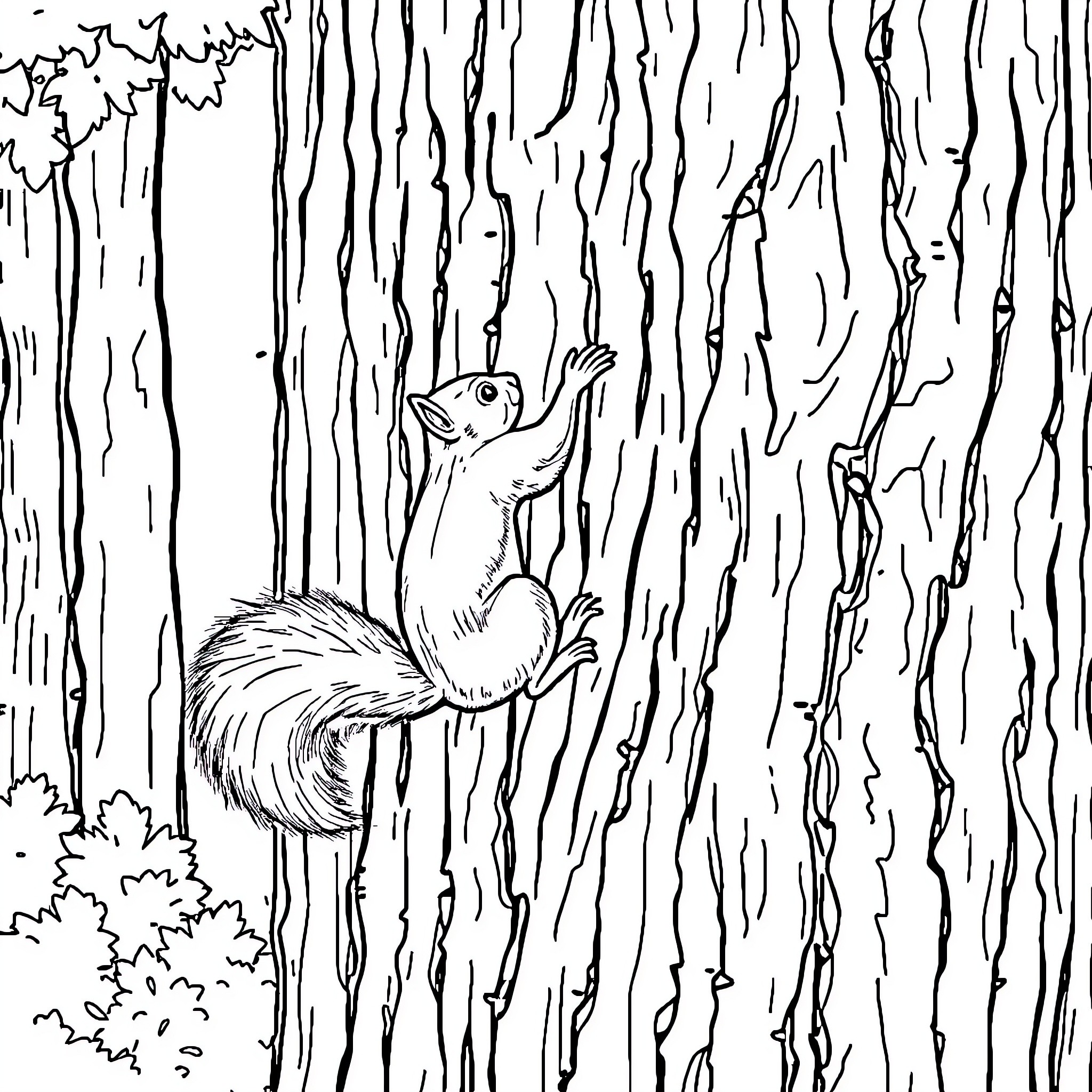 Squirrel climbing up the tree trunk Coloring Page (free black-and-white line drawing printable PDF for all, from beginners to advanced learners, including children, teens, adults, and seniors)