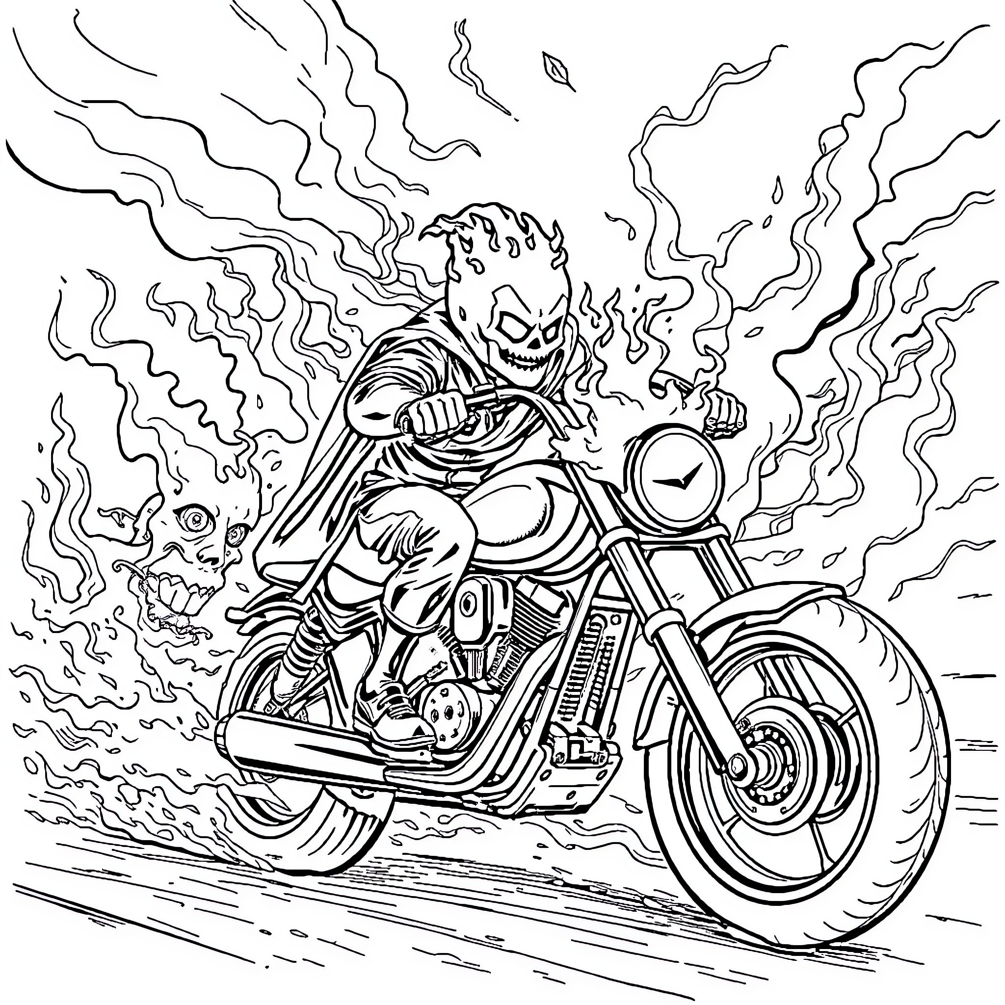 Ghost Rider in Flaming Motorcycle Stunt Coloring Page (free black-and-white line drawing printable PDF for all, from beginners to advanced learners, including children, teens, adults, and seniors)