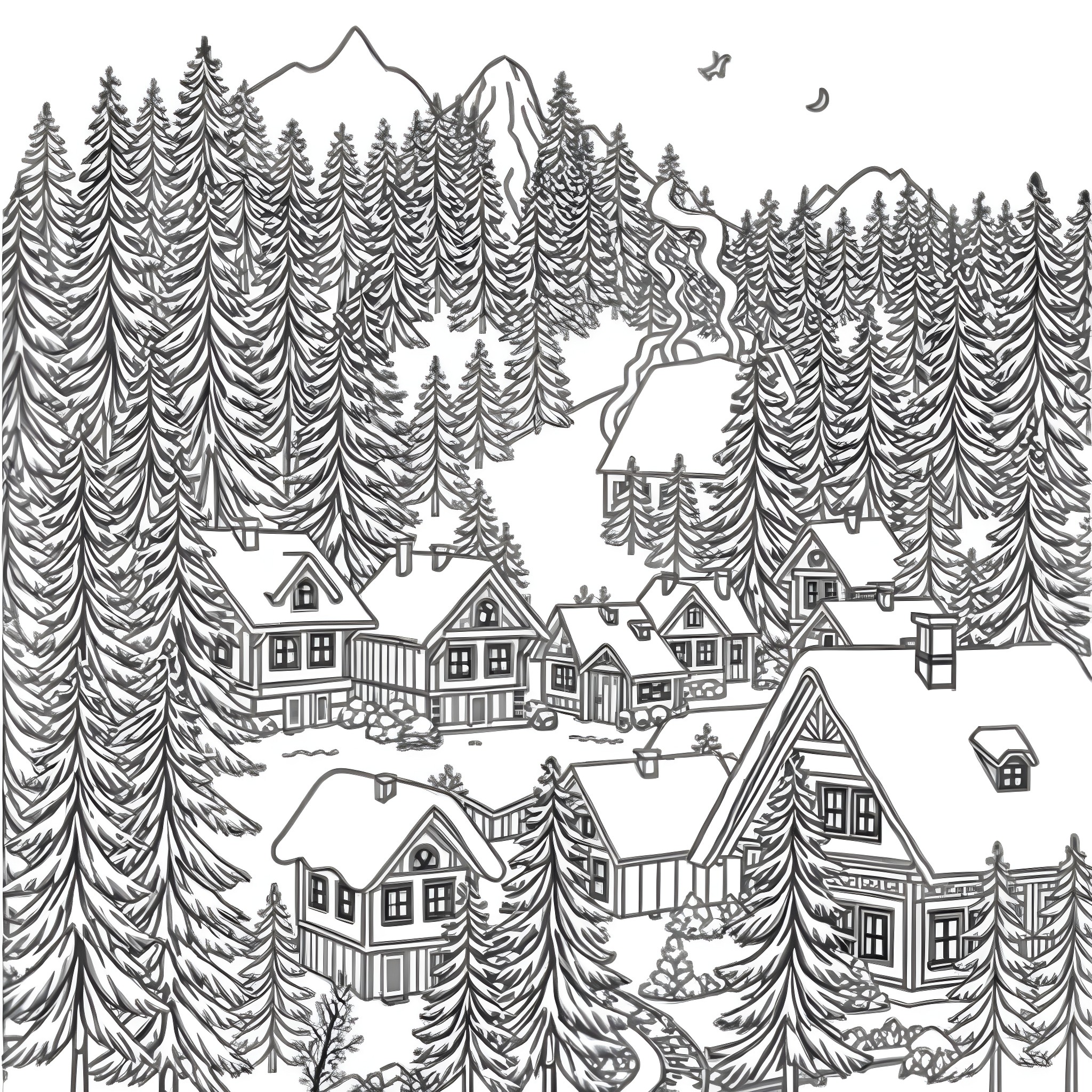 Village Scene in a Snowy Winter Wonderland Coloring Page (free black-and-white line drawing printable PDF for all, from beginners to advanced learners, including children, teens, adults, and seniors)