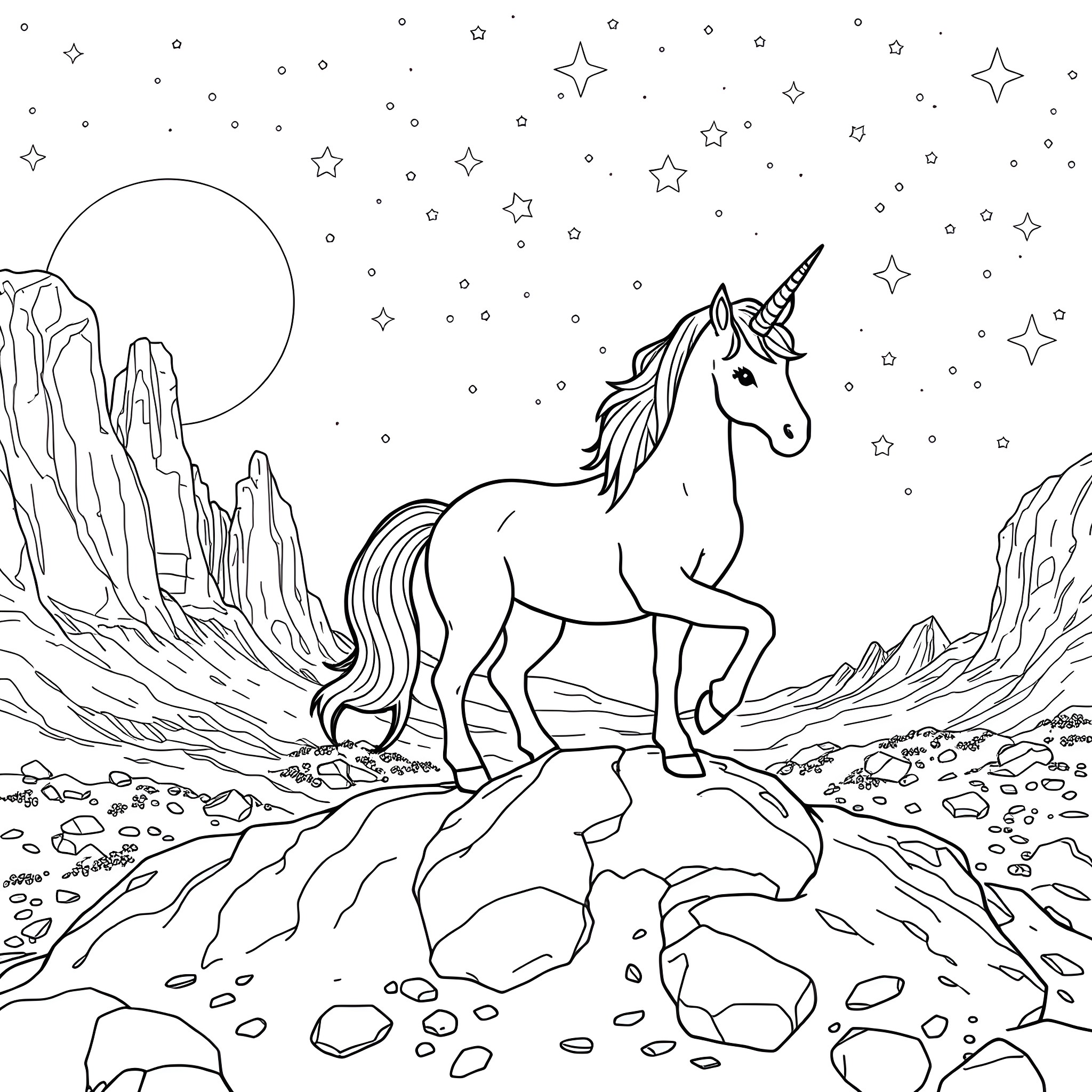 Unicorn standing majestically under a starry night sky Coloring Page (free black-and-white line drawing printable PDF for all, from beginners to advanced learners, including children, teens, adults, and seniors)