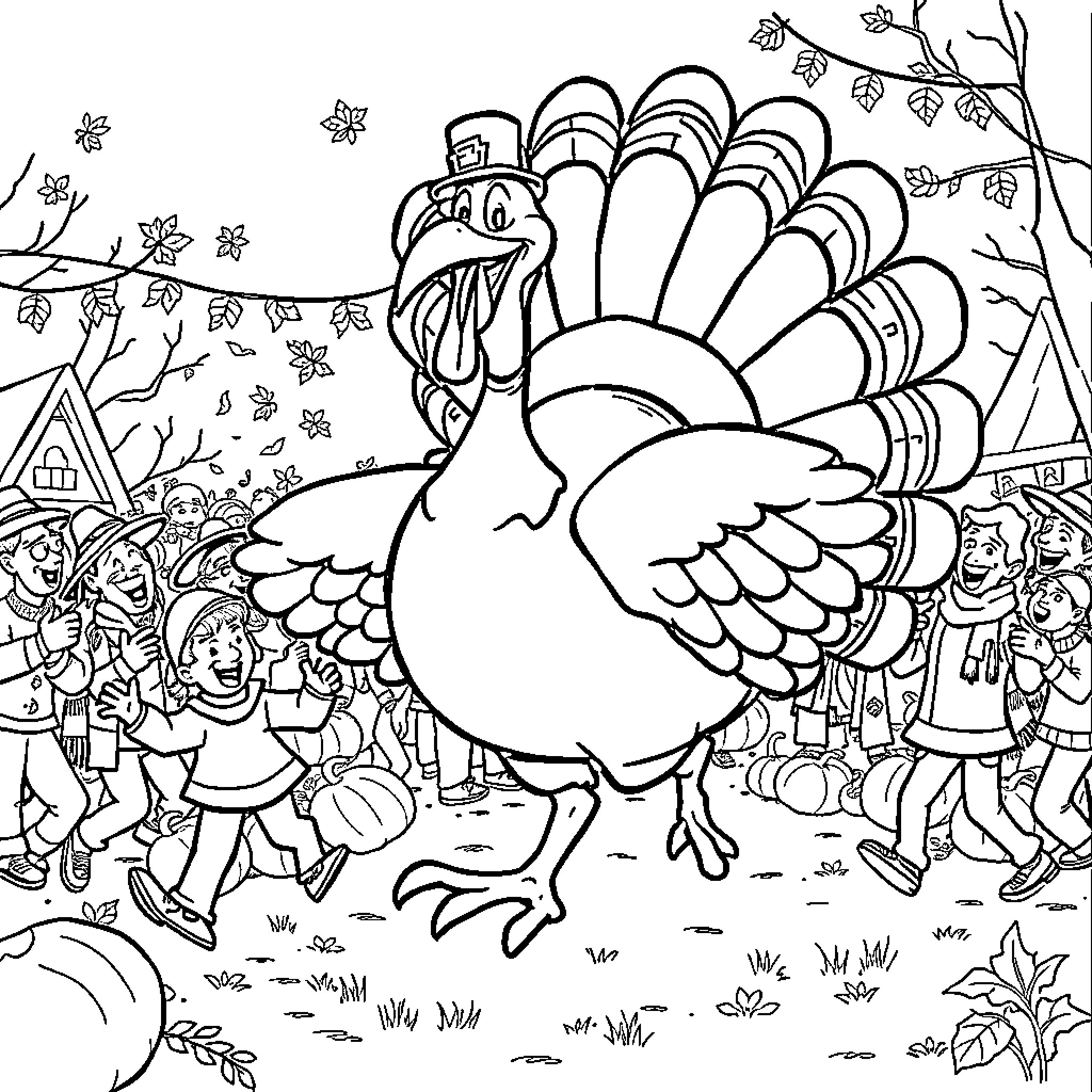Turkey surrounded by joyful people in autumn setting Coloring Page (free black-and-white line drawing printable PDF for all, from beginners to advanced learners, including children, teens, adults, and seniors)
