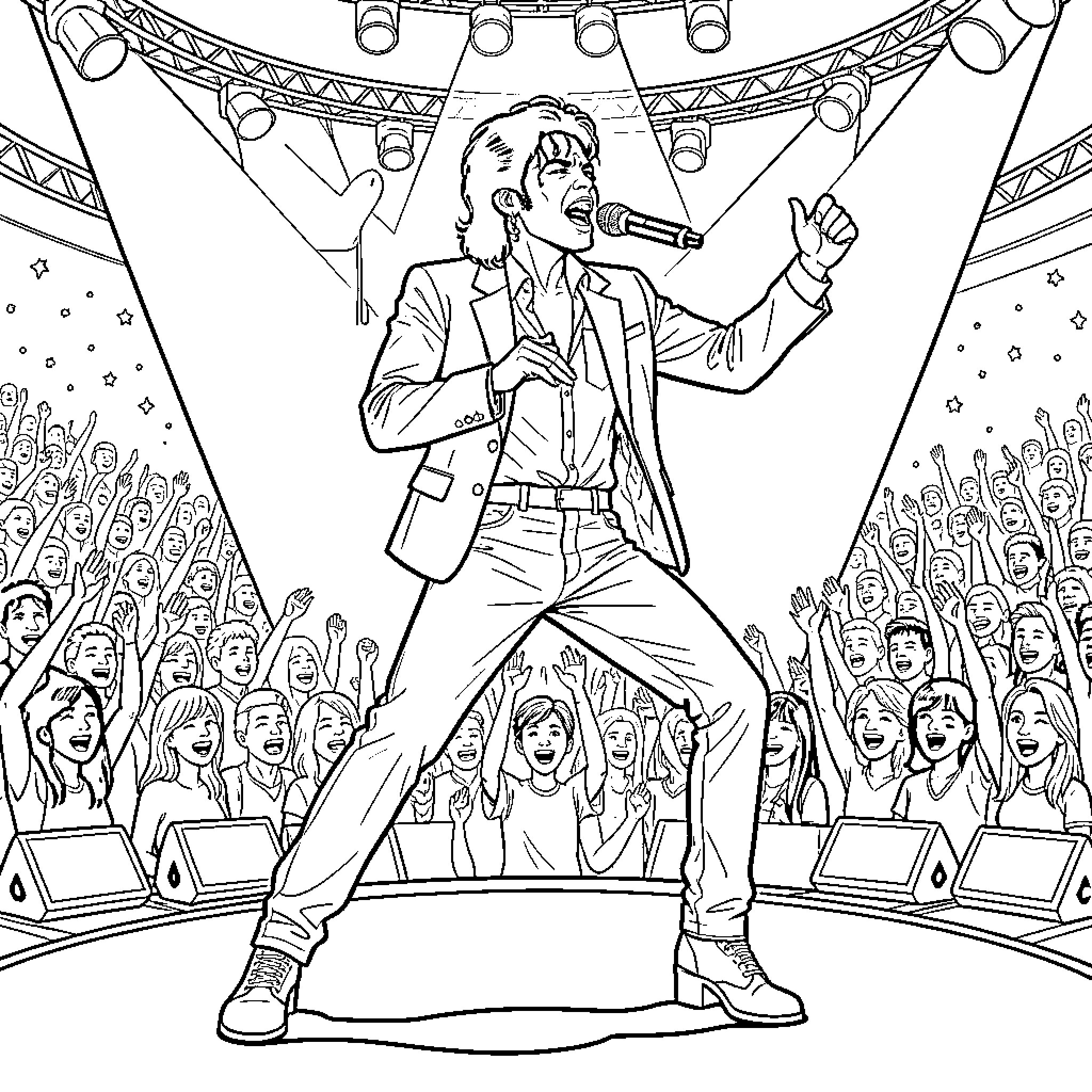 Michael Jackson performing energetically on stage for a crowd Coloring Page (free black-and-white line drawing printable PDF for all, from beginners to advanced learners, including children, teens, adults, and seniors)