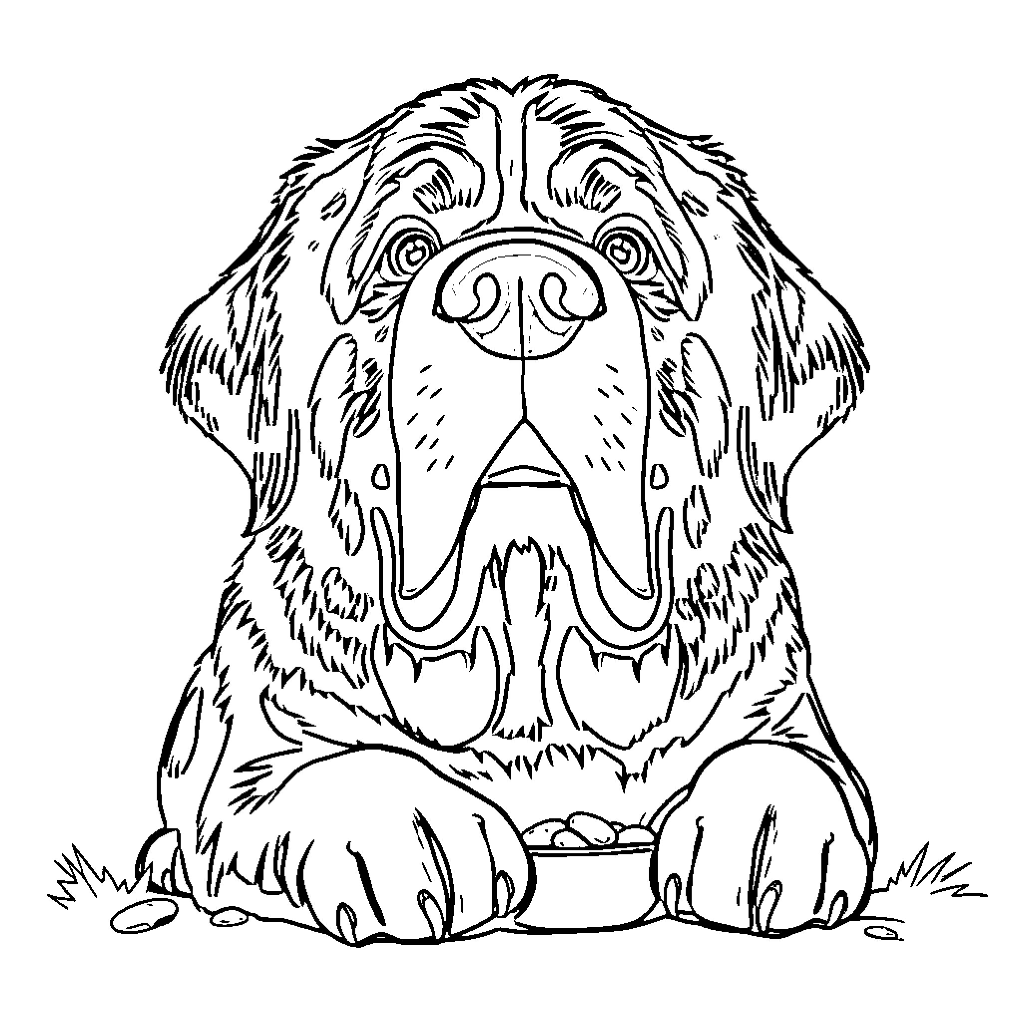 St. Bernard dog sitting and panting Coloring Page (free black-and-white line drawing printable PDF for all, from beginners to advanced learners, including children, teens, adults, and seniors)